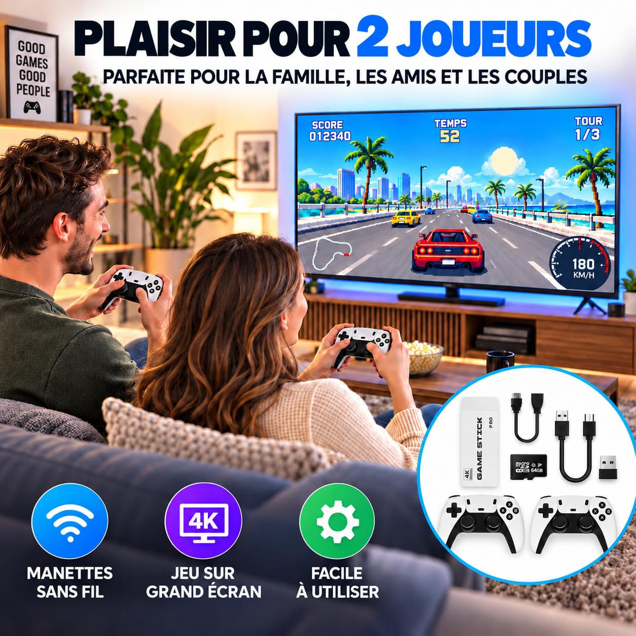 Console de Jeux TV rétro Portable sans Fil, Manette sans Fil 2,4 GHz, Jeux d'arcade à Domicile Plug and Play, Affichage Haute définition 4K HDMI, Compatible avec Les téléviseurs et Les projecteurs.