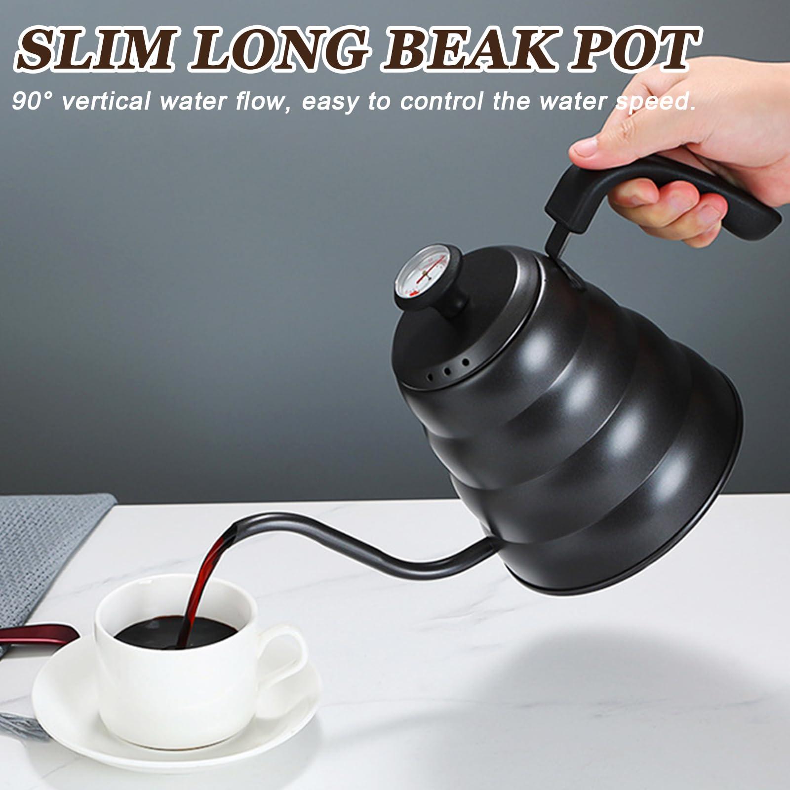 Aicharynic Bollitore a collo di cigno, 1200 ml/40 oz in acciaio inox, bollitore a collo di cigno con termometro per tutti i tipi di fornelli per un rapido riscaldamento dell'acqua, nero