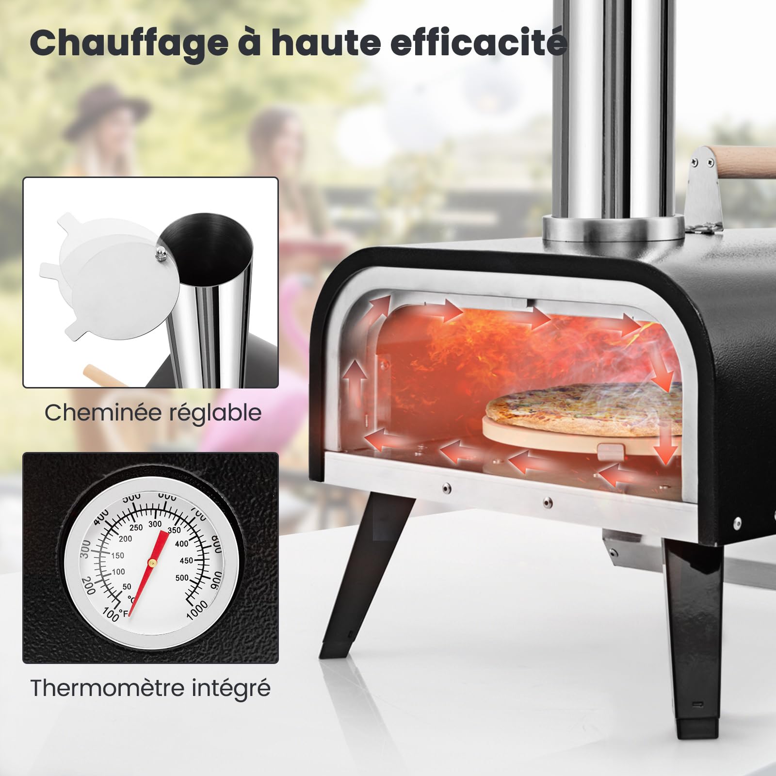 COSTWAY Four à Pizza Extérieur Portable en Acier Inoxydable 30 cm avec Pierre à Pizza, Poêle à Granulés de Bois Thermomètre Pelle Sac
