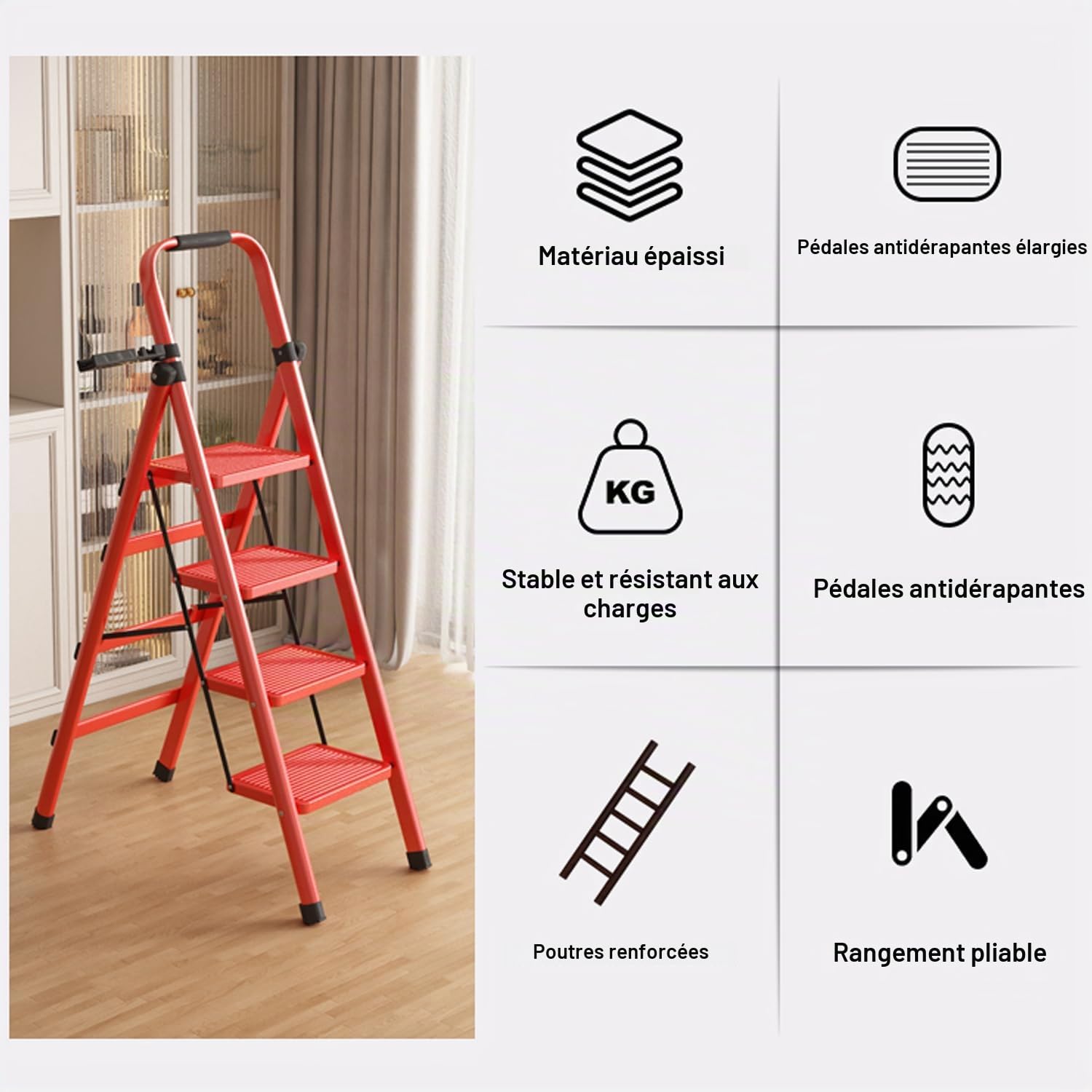 K IKIDO Escabeau pliable avec main courante, 4 marches - Antidérapant, facile à ranger - Marches larges - Convient pour la cuisine, la maison et la maison - Charge maximale : 150 kg (4 marches)
