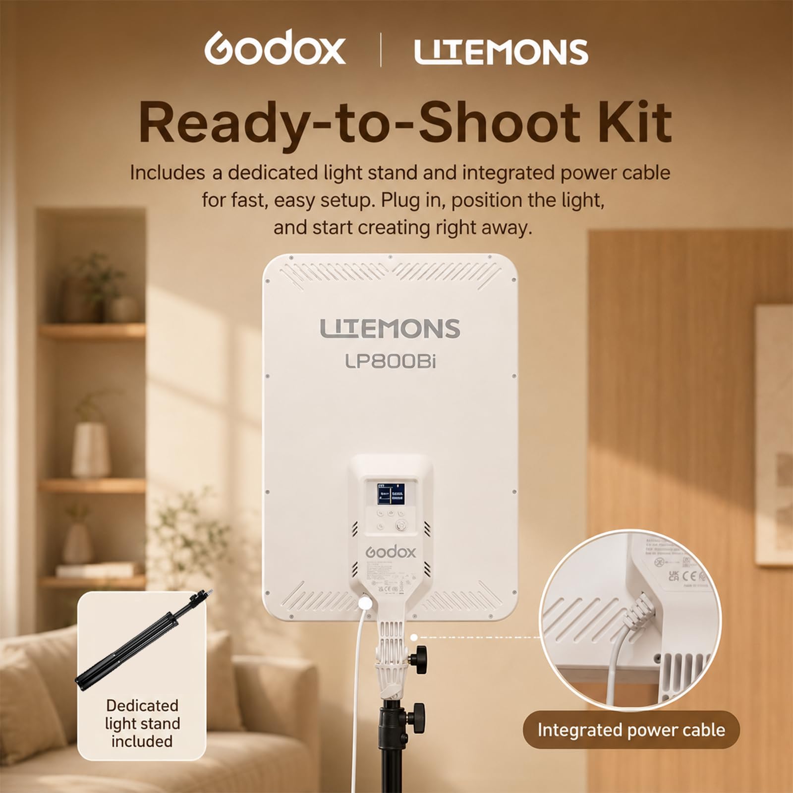 Godox LP800Bi Panneau LED 85W Bi-Color 2800-6500K CRI96 Studio Vidéo