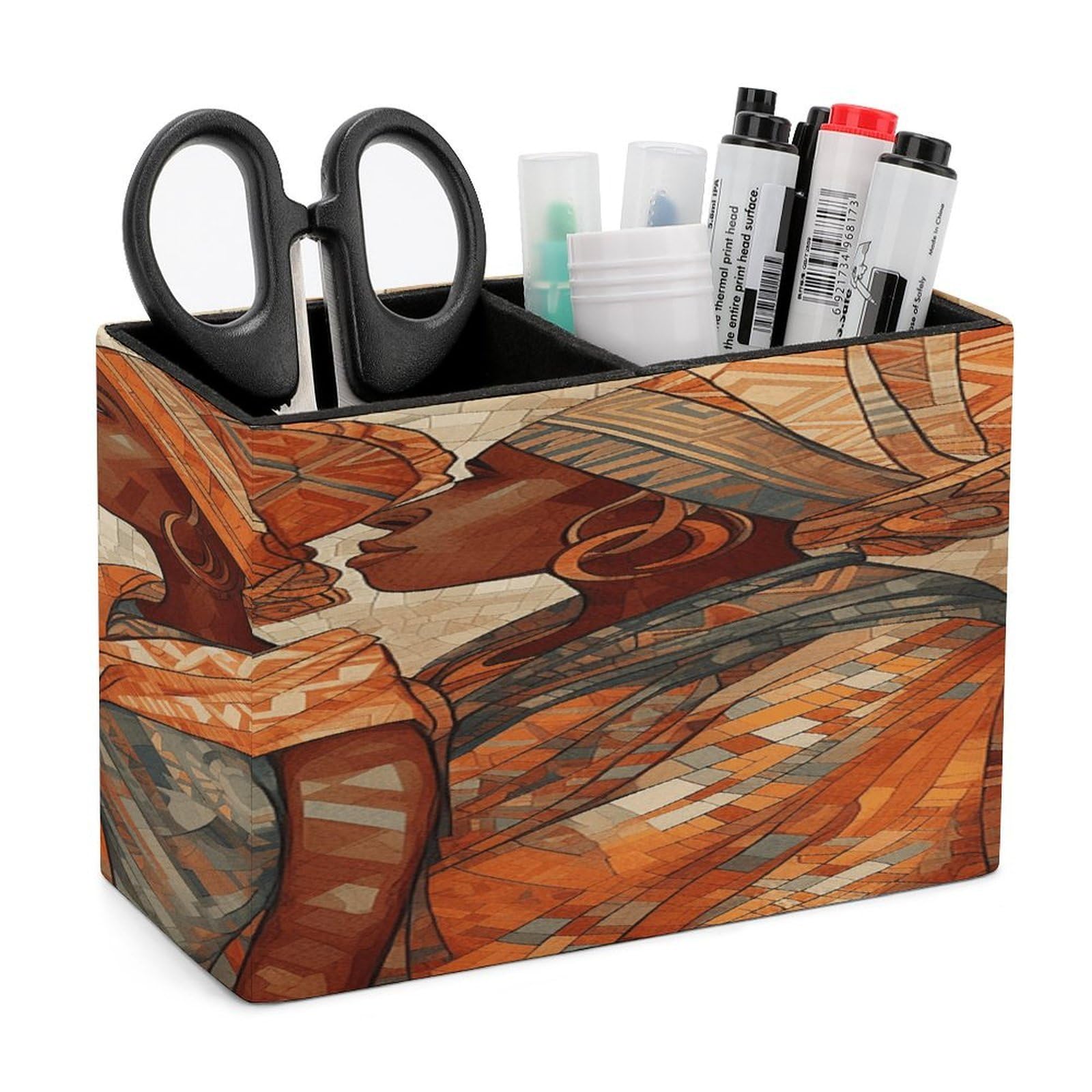 VstaDank Africa Ethnic Pottery Pencil Holder for Desk Organizer 2 Compartments Pen Cup Leather Square Pen Holder Pencil Cup Stand Makeup Brush Holders for Desktop Organizer Storage Case