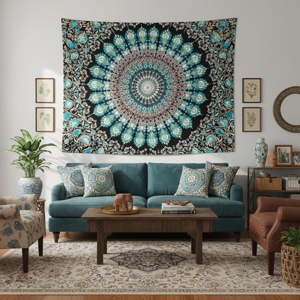 Accnicc Hippie Mandala Tapestry Wall Hanging Boho Teal Medallion Tapestry Aesthetic Vintage Bohemian Indian Floral Cool Large Tapestries for Bedroom Living Room Dorm Decor 80 x 60 Inch image 2