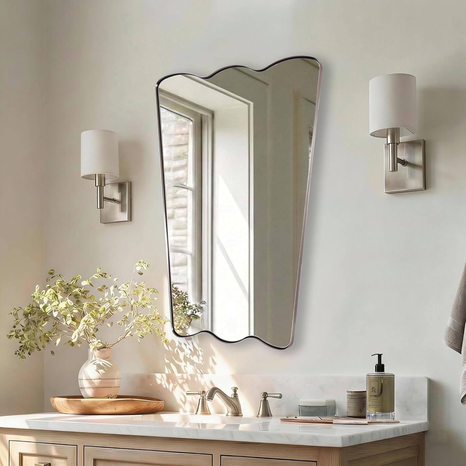 ANDY STAR 24x36 Brushed Nickel Scalloped Bathroom Mirror, Unique Irregular Wall Mirror, Rustproof Stainless Steel Wavy Metal Frame for Contemporary Bathroom Decor