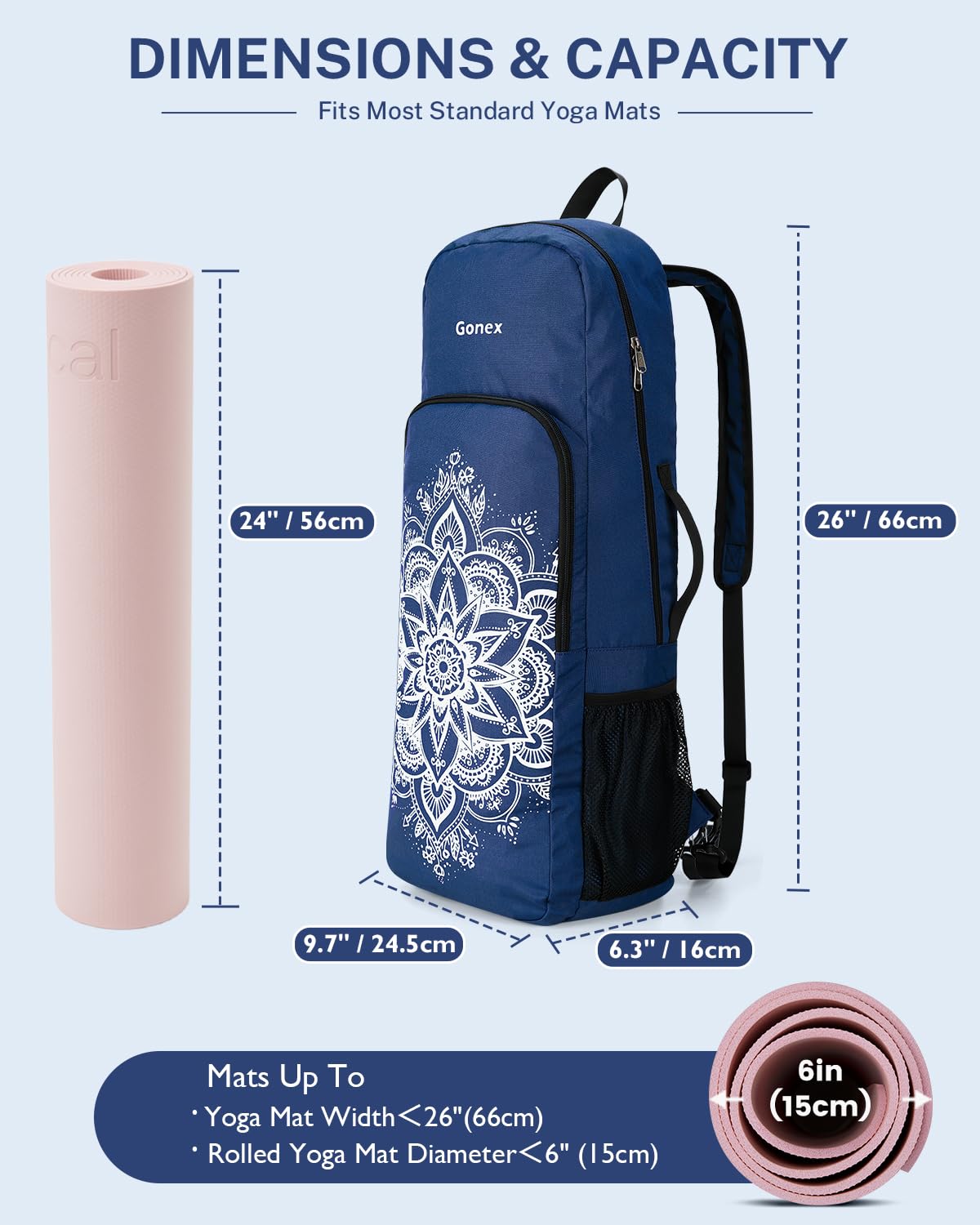 Gonex Bolsa de Yoga con 2 Formas de Transporte, Mochila Yoga con Compartimento Impermeable y Cremalleras Metálicas, Gran Capacidad para Esterilla de Yoga, Gimnasio y Viaje