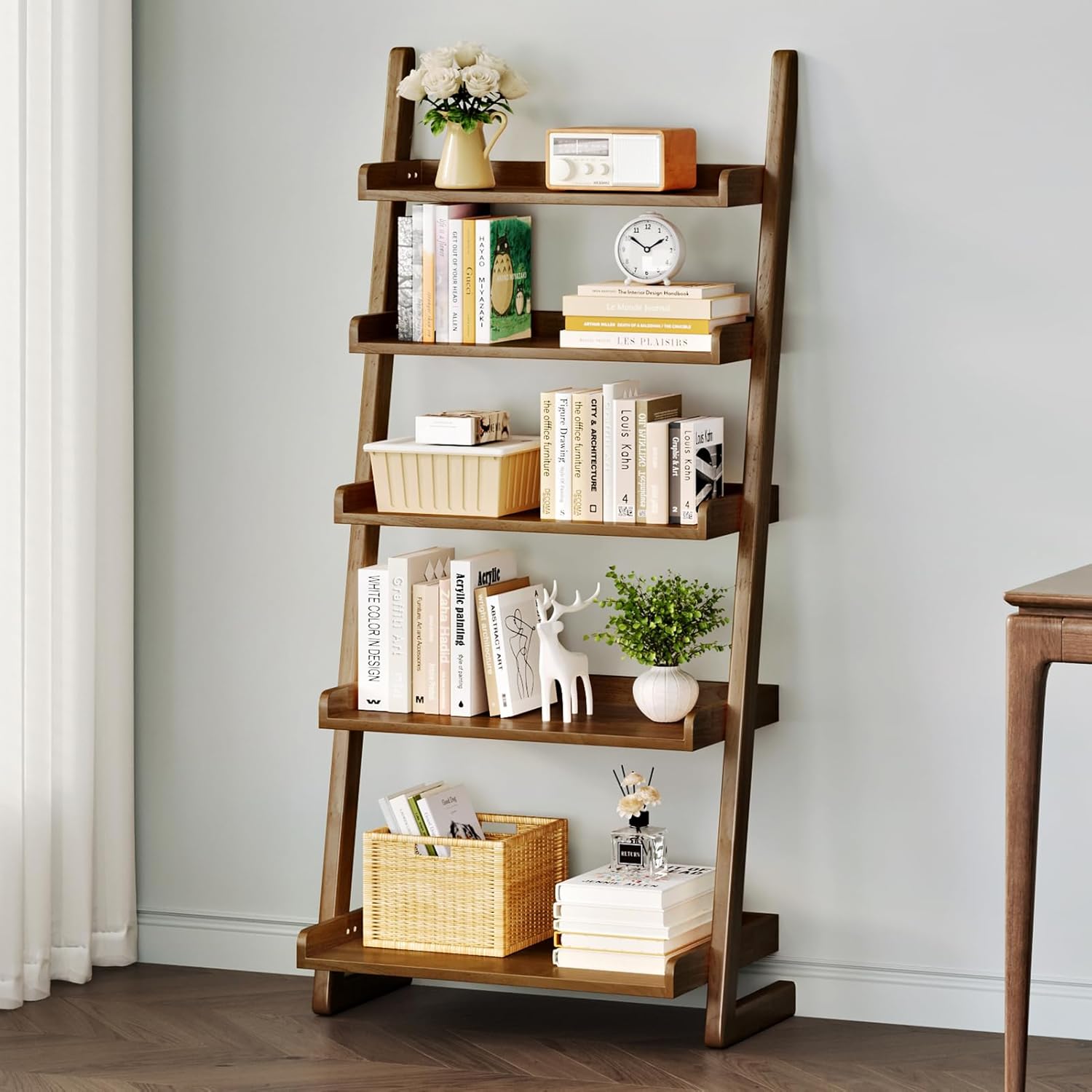 CozyDH Rustic 5-Tier Ladder Shelf, Open Wall-Leaning Bookshelf, Modern Wood Display Stand for Living Room, Bedroom, Home Office,Natural