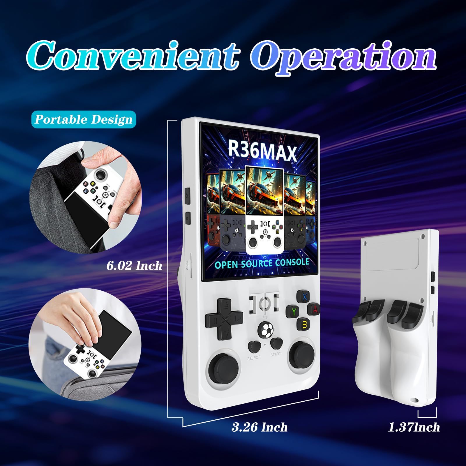 R36MAX - Console di gioco retrò, portatile, ricaricabile, portatile, 4000 mAh, comoda, antiscivolo, con auto TF 64G, schermo da 4", per ufficio, bianco