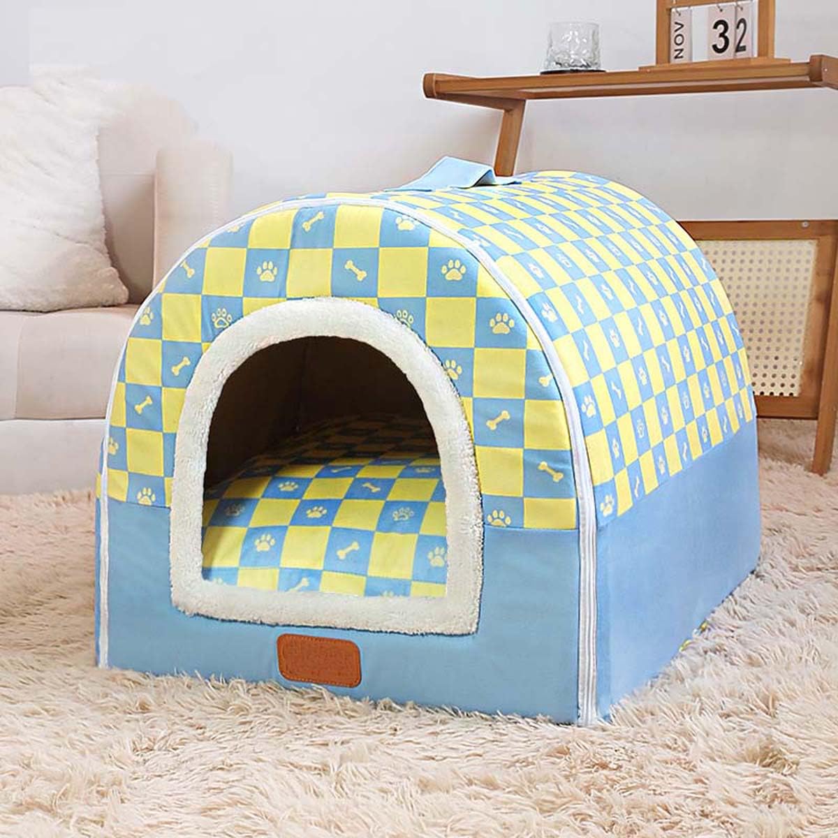Pet House 2 In 1 Enclosed Dog Kennel, Cat Cave Warm Sleeping Nest with Removable Anti-Anxiety Cushion, Cozy Dogs Igloo House Non-Slip Pet Bed (XL, Blue)
