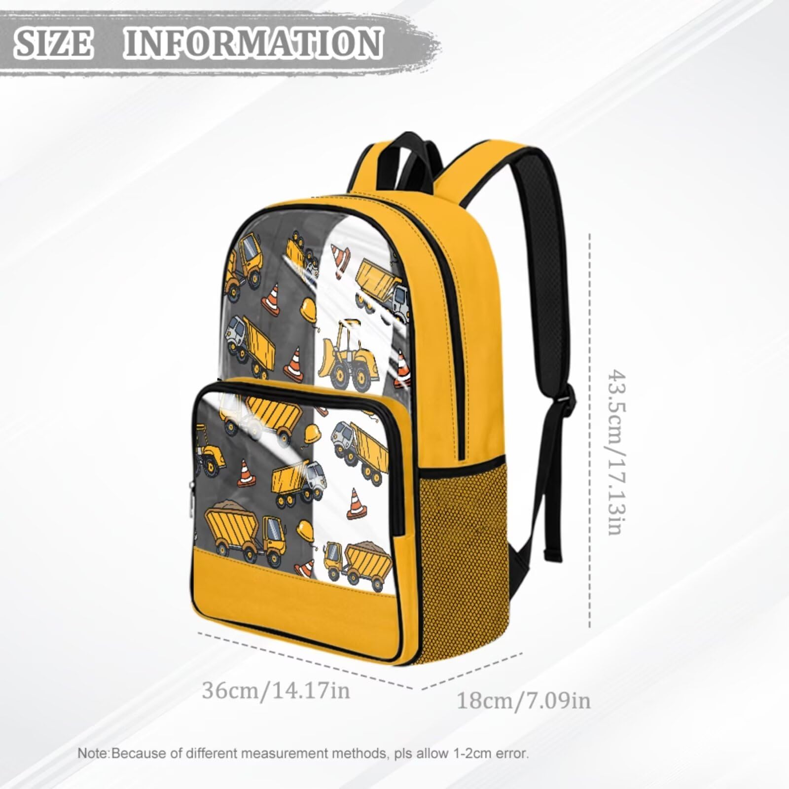 COEQINE Zaino trasparente da 4 pezzi per ragazzi 8-12 bambini borsa per libri scolastici con astuccio in PVC grande scatola per il pranzo Bookbag portachiavi, Costruzione Auto Giallo