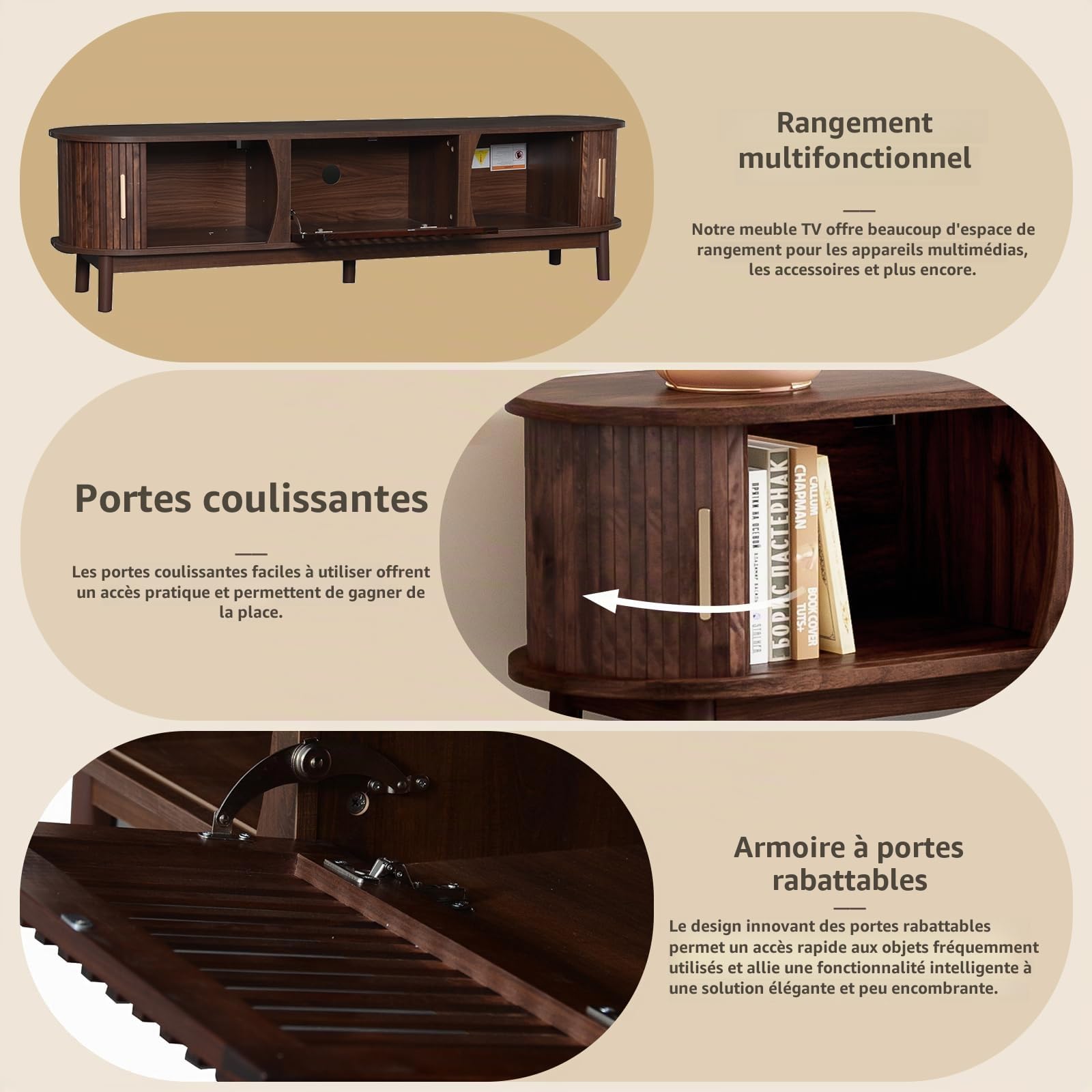 BTM Lowboard TV Marron, Meuble TV Plat avec Porte coulissante, Porte Rabattable vers Le Bas, per Jusqu’à 65 Pouces, avec Pieds, 165x40x46cm