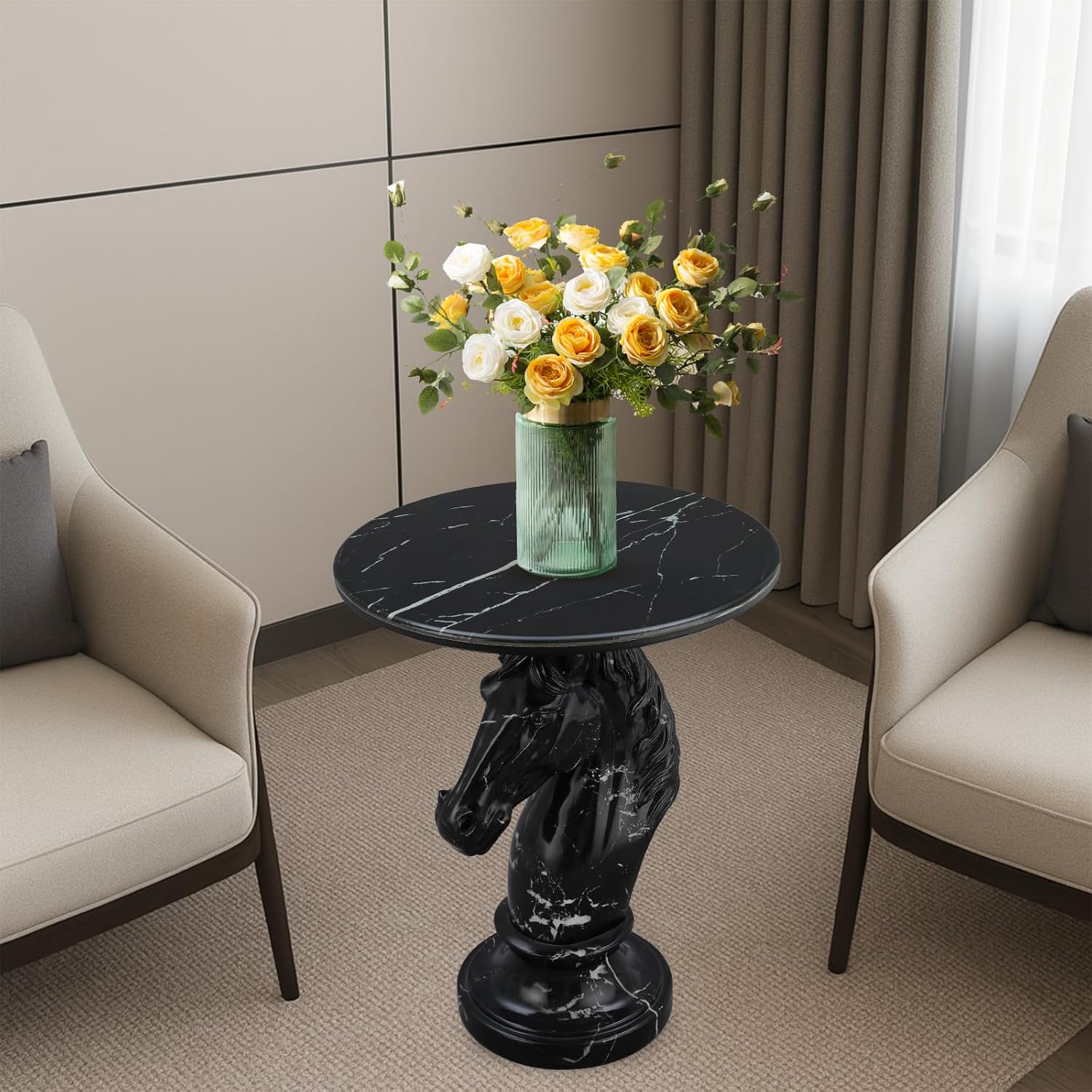 Majestic Horse Side Table, Obsidian Black Sculpture Accent Table with Faux Marble Top, Unique Animal Figurine Furniture for Home Office