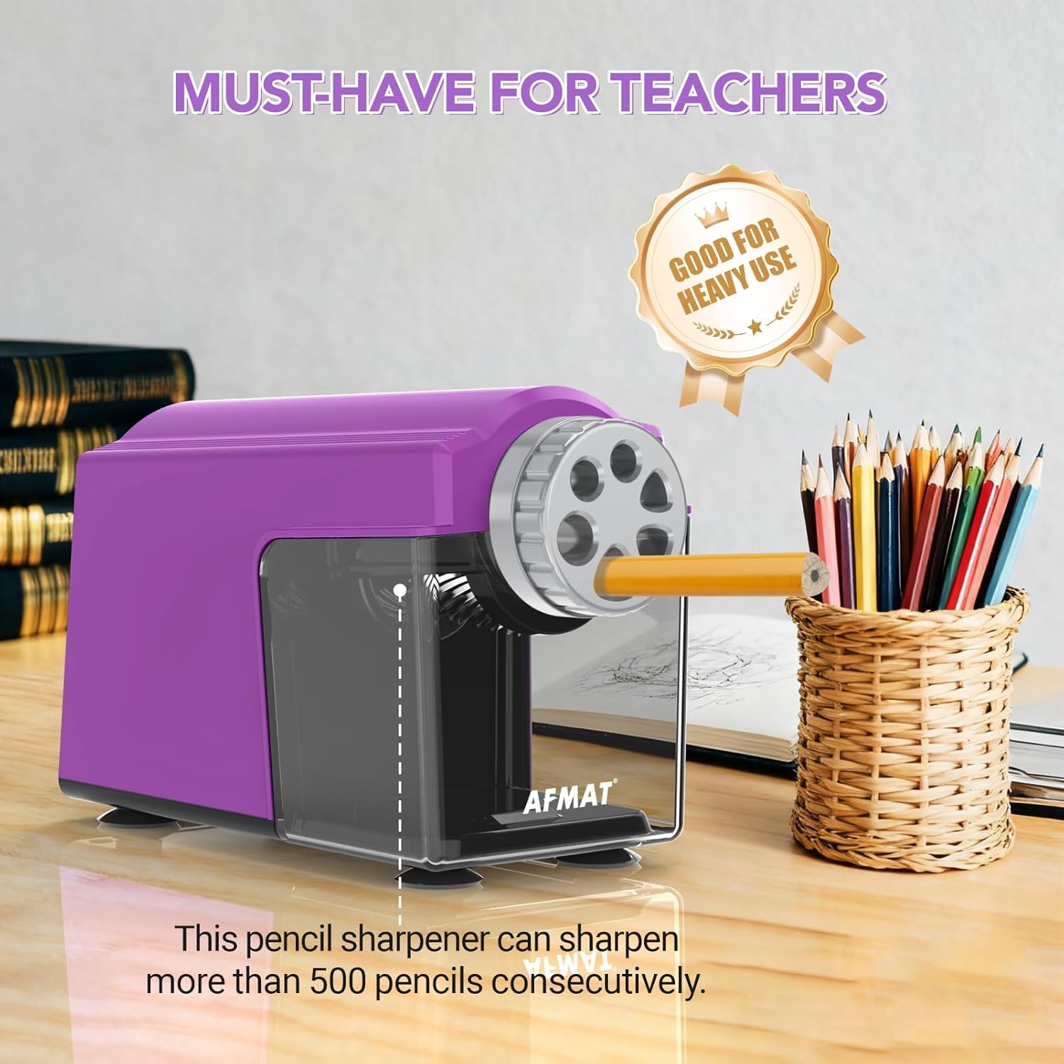 AFMAT Electric Pencil Sharpener for Classroom, 6 Holes, Cordless & Rechargeable, Super Fast, Auto Stop, 10K+ Uses, Heavy Duty Pencil Sharpener for 6-11mm No.2/Large/Colored Pencils PSD4(Purple)