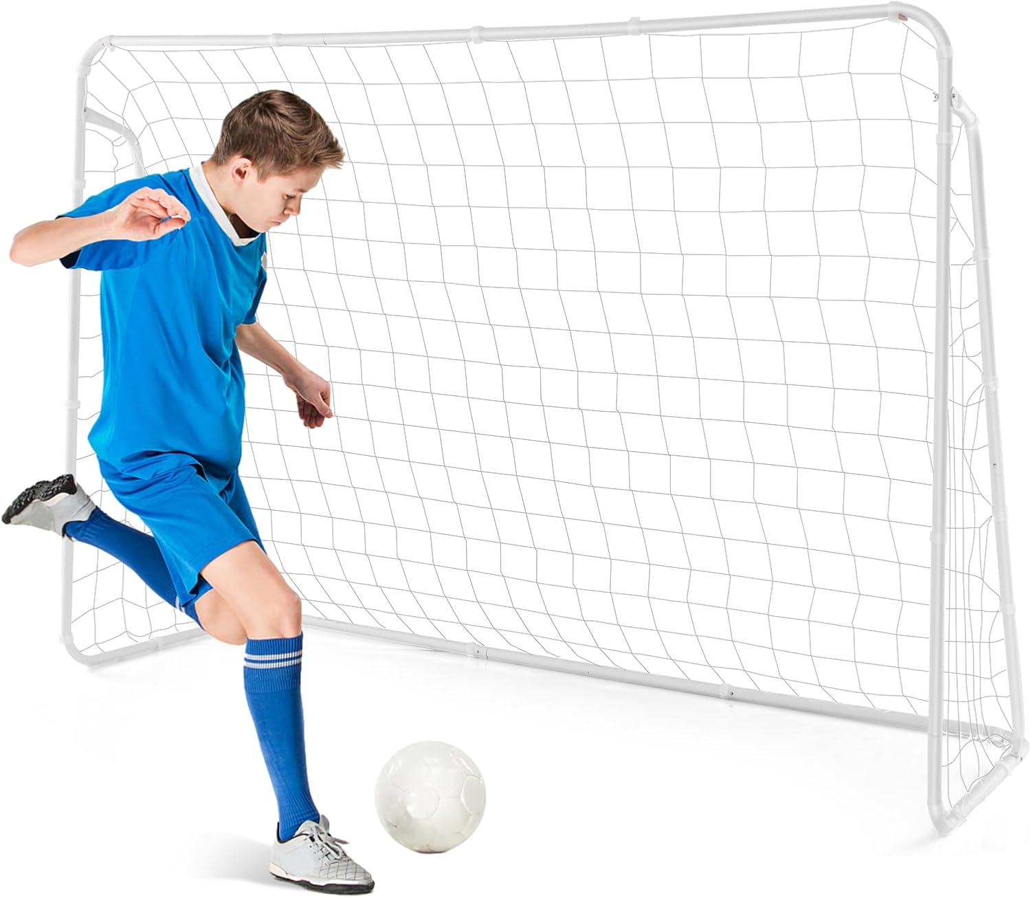 GYMAX Soccer Goal for Backyard, 7 x 5ft Soccer Net w/Heavy Duty Frame & Ground Stakes, Weather-Resistant Soccer Field Equipment for Kids Football Shooting Training, Easy to Setup