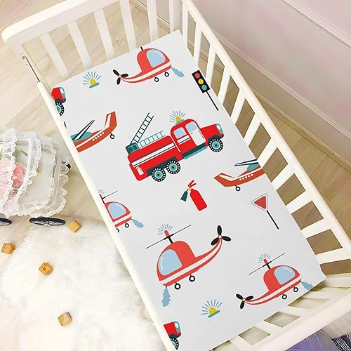 Miniatura 2 de Pfrewn Crib Sheets for Boys Girls Fire Trucks Helicopter Airplane Fitted Crib Sheet for Mini Crib Mattress Stretch Soft Toddler Baby Playard Sheet,