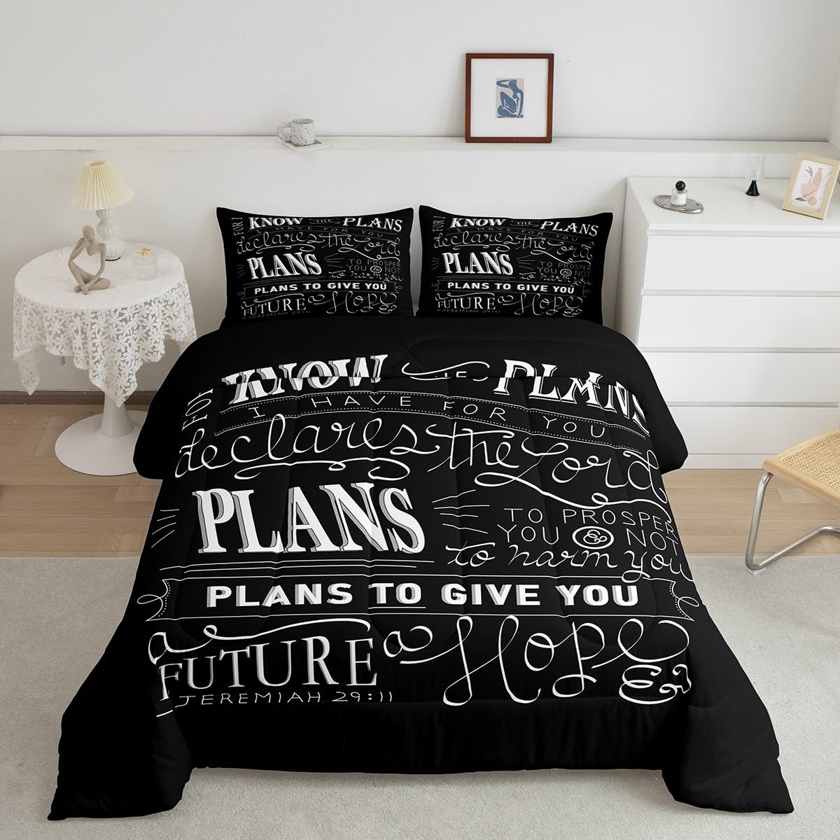 Kids Vintage Bible Verse Comforter Set Christian Bible Verse Jeremiah Bedding Set for Boys Children Teens Bedroom Decor Modern Comforter Black Bedspread Cover King Size with 2 Pillow Case