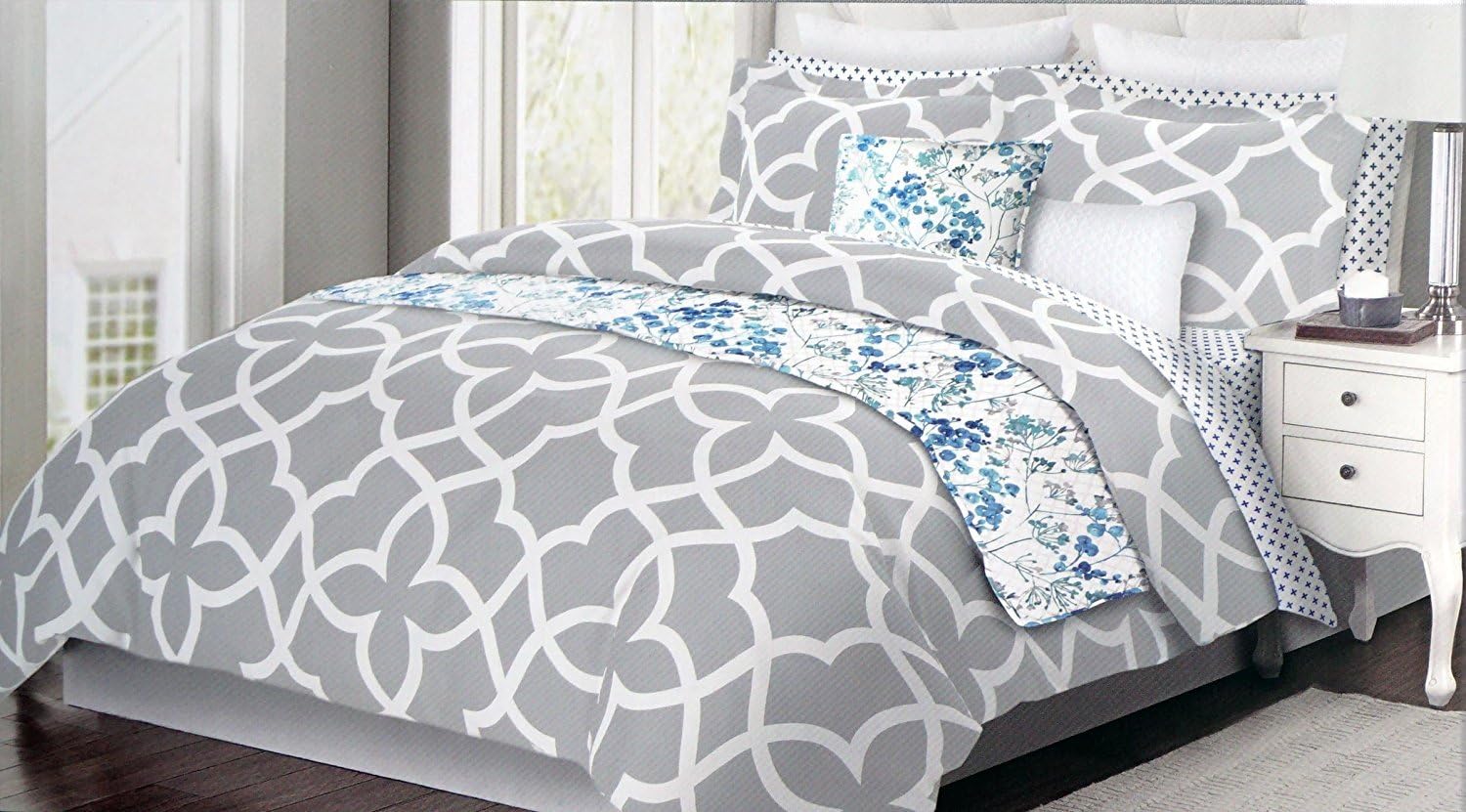 Envogue Bedding 3 Piece King Duvet Cover Set Geometric Moroccan Lattice Pattern White on Gray