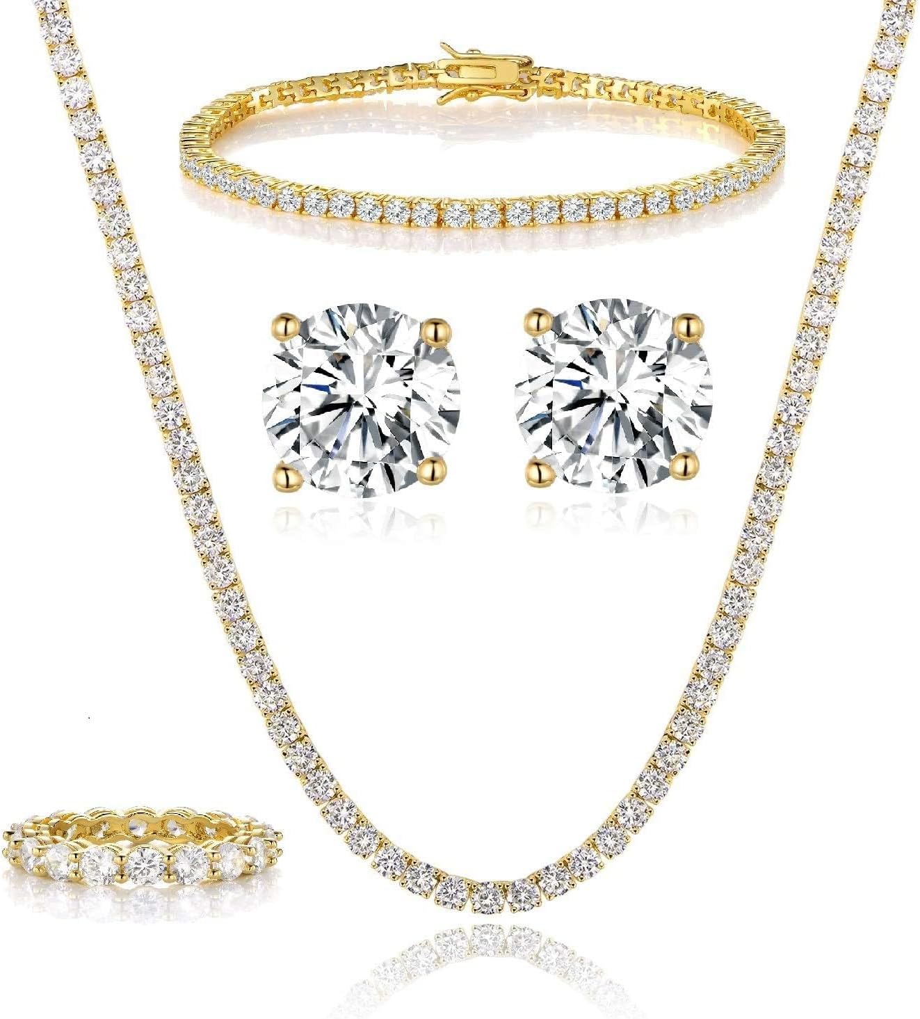 18K White Gold Plated Tennis Necklace/Bracelet/Earrings/Band Ring Sets Hypoallergenic Jewelry Pack of 4