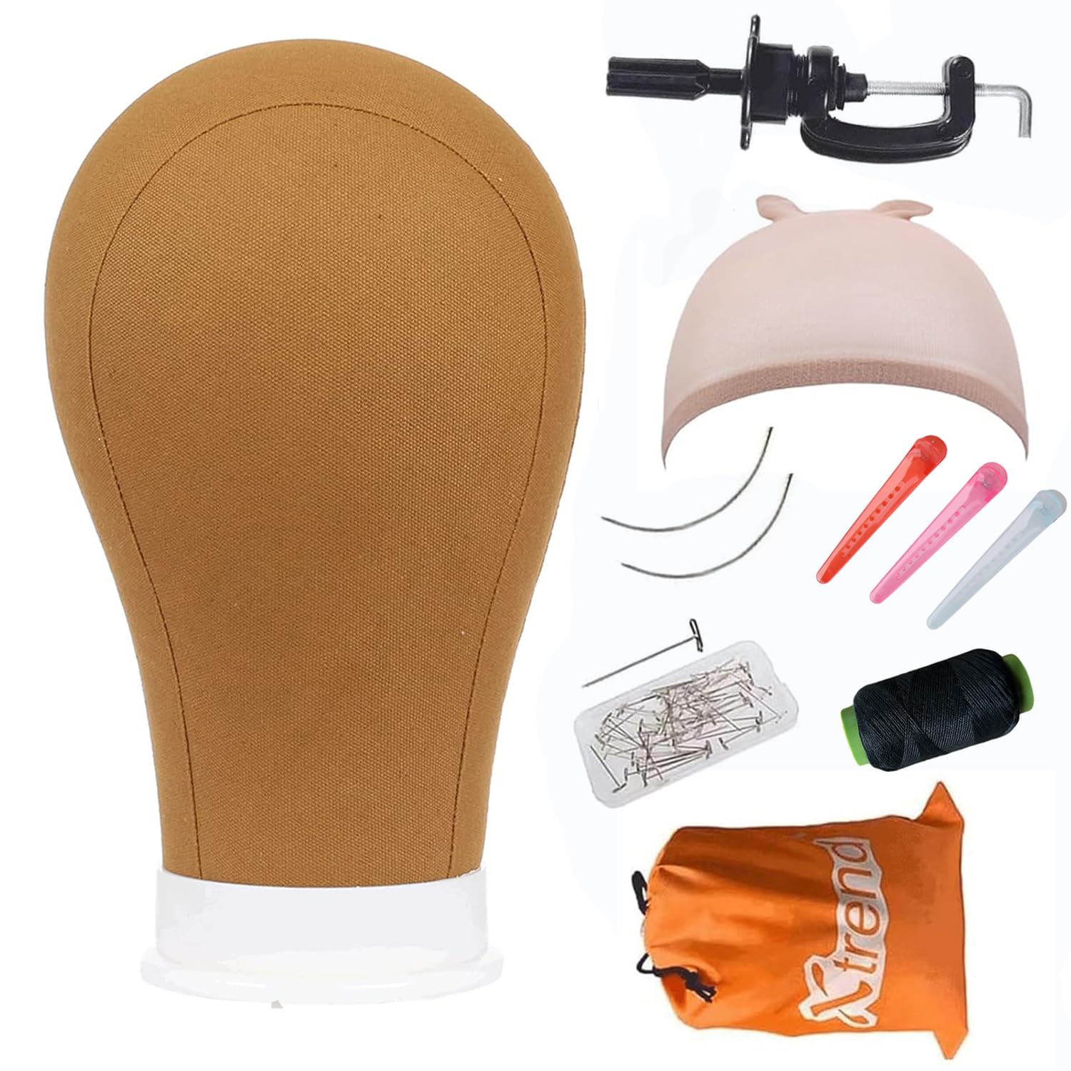 XTREND 21"-24'' Poly Canvas Block Head for Making Head Weft/Wig/Hair Extension Making Display Styling Mannequin Head with Stand Set Manikin Canvas