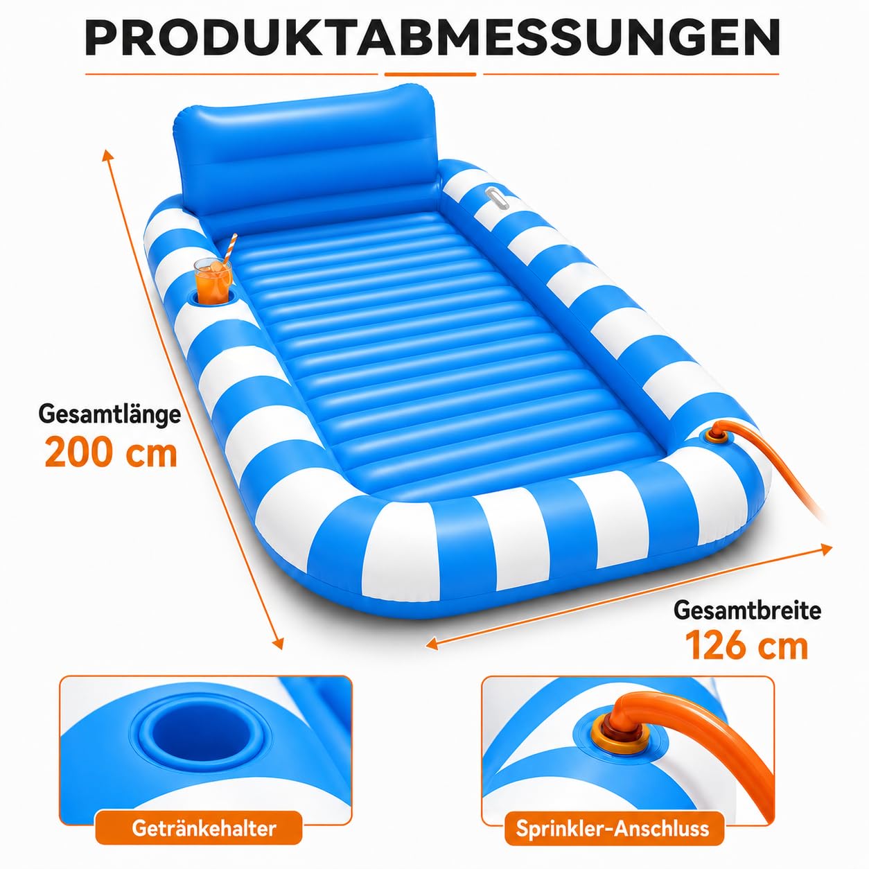 Tanning Bed 200×125cm,Lounge Bed Pool, Bräunungspool, Luftmatratze mit Wasser Befüllbar, Tan Pool Zum Sonnen, Sonnenpool Matratze, Liegepool, Aufblasbarer Tanning Pool Sprinkler Kissen Getränkehalter