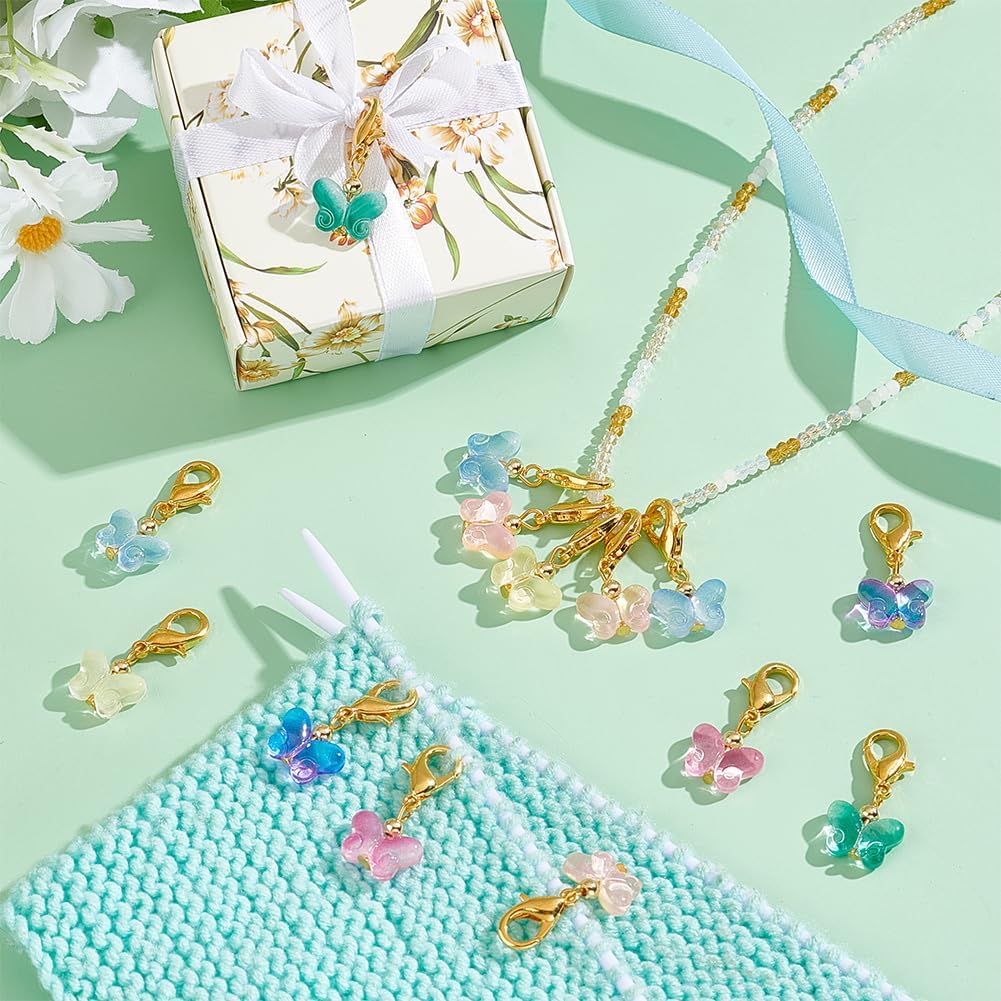 PH PandaHall 60Pcs Glass Butterfly Dangle Charms Crochet Stitch Marker 6 Colors Crystal Glass Charms Pendants With Lobster Claw Clasps For Necklace Earrings Bracelets Keychains Knitting - Image 5
