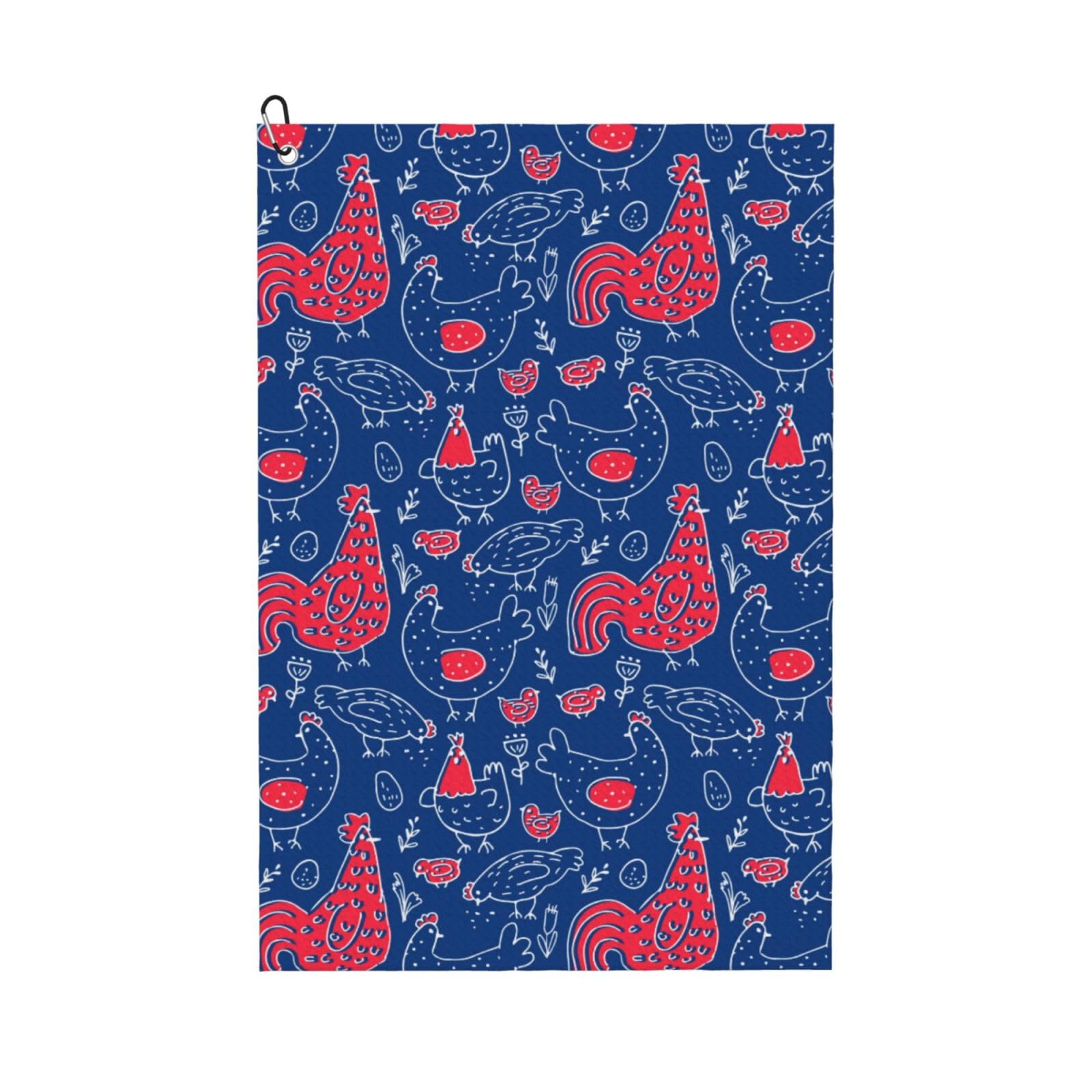 AOOEDM Chicken and Rooster Print Golf Towel with Carabiner Clip Absorbent Microfiber Golf Towel for Cleaning Golf Ball Club Putter Iron for Golf Bag Trolly Belt Loop 16" X 24"