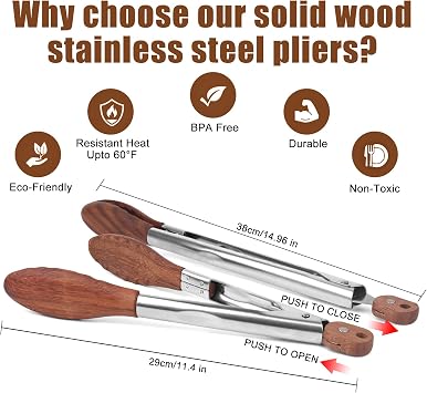 2-pcsTongs for Cooking with Wooden Tips - Nonstick Cooking Tongs & Salad Tongs for Blooming Food,Cooking, BBQ and Tossing Salad - Made of Natural Walnut Wood,Long Style15inch Short Style 11.4inch