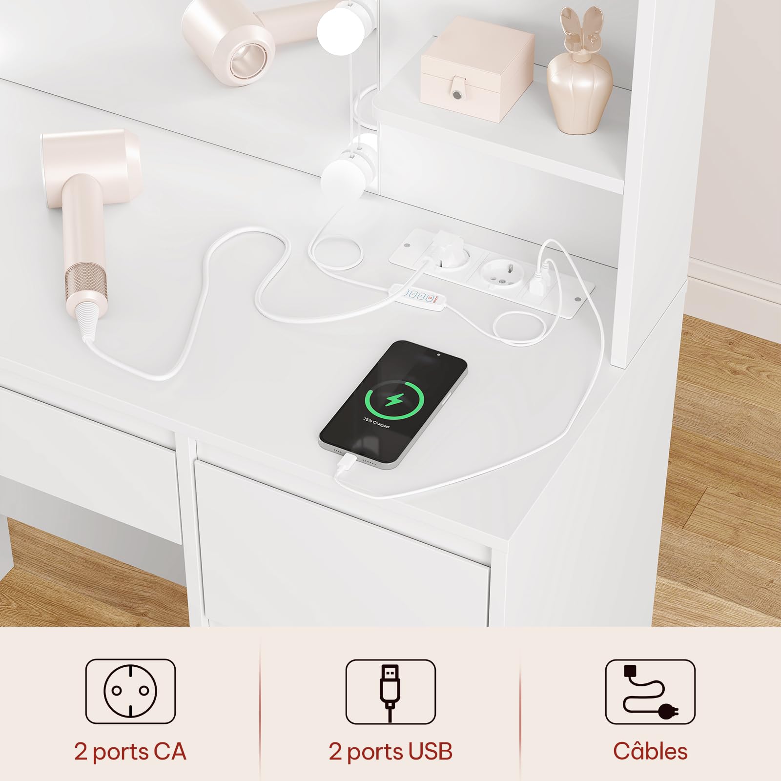 WOLTU Coiffeuse avec Miroir LED, Multiprise, Éclairage Réglable, Grande Coiffeuse avec 5 Tiroirs, Étagères Ouvertes, Armoire, Table de Maquillage en Bois pour Chambre, Blanc, MB6117ws