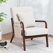 HOMMPA Mid-Century Modern Accent Chair, Comfy Reading Armchair with Solid Wood Frame & Lumbar Pillow, Upholstered Linen Lounge Chair with Side Pocket for Living Room, Bedroom,BalconyBeige