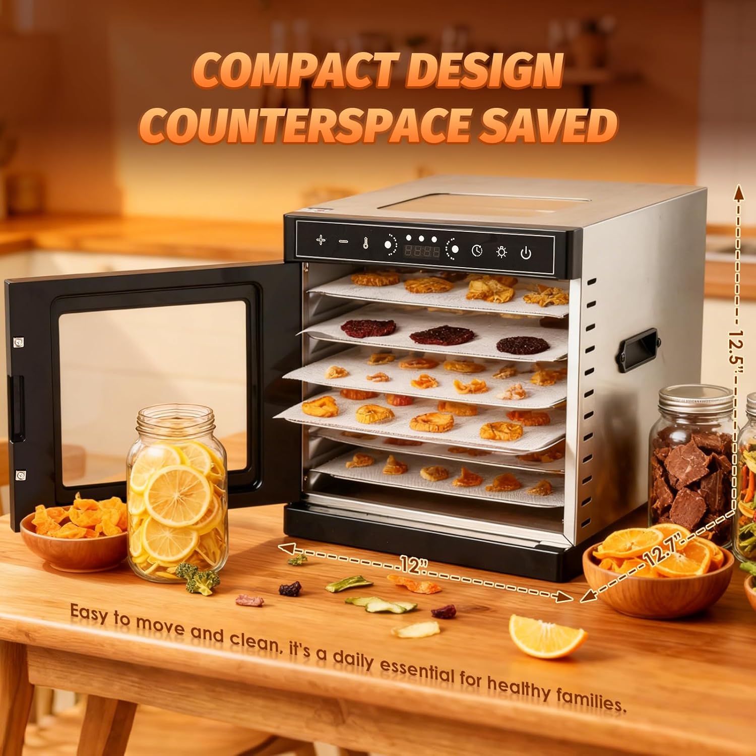 Food Dehydrator Machine 6 Stainless Steel Trays with 194°F Max Digital Contral, 400W Electric Food Dryer with Dual-View Windows Design, Fruit& Meat Dehydrator for Jerky Vegetables Dog Treats