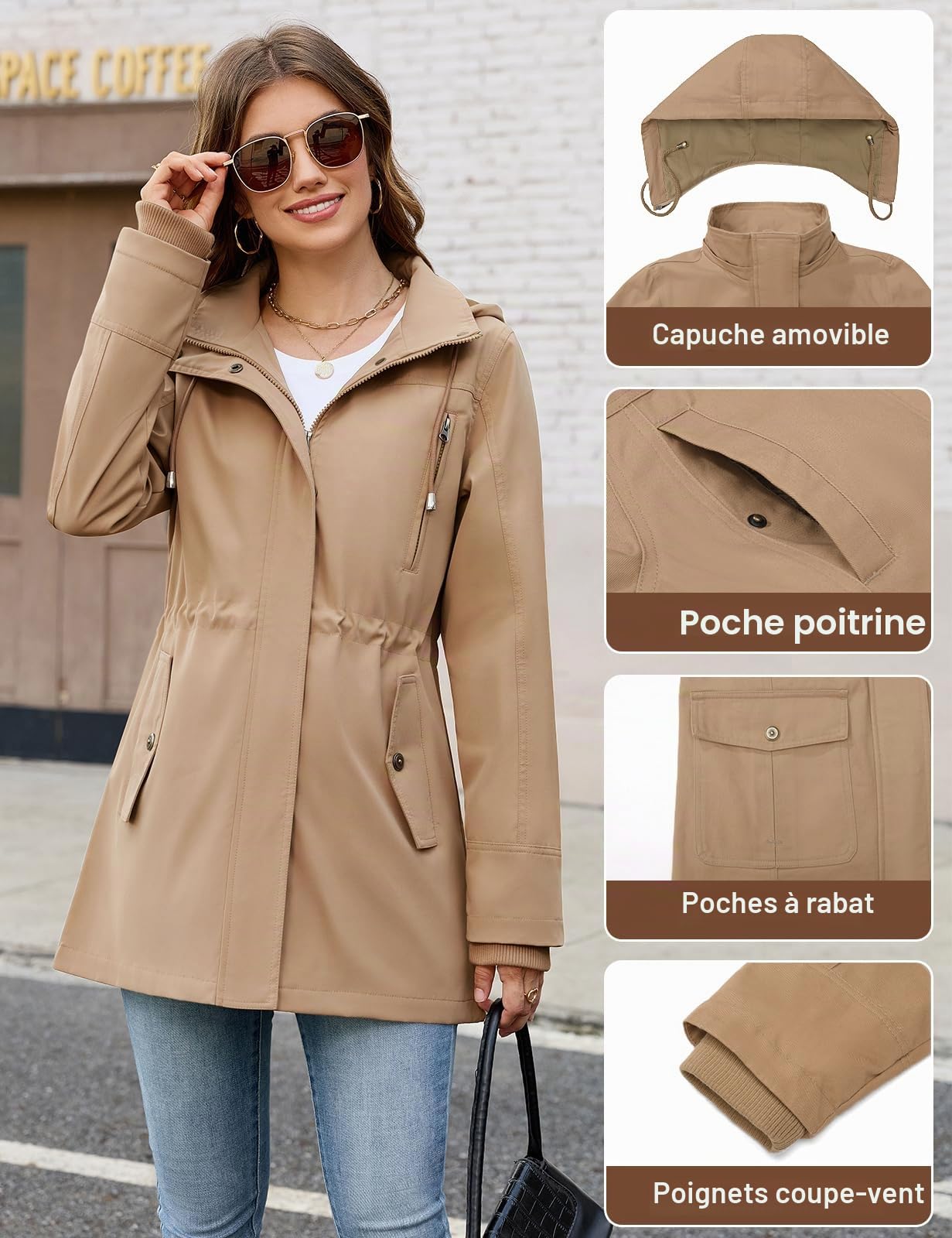 CMTOP Veste Femme mi Saison Léger Décontracté Blouson Fermeture éClair Veste Chic et Élégante, Hydrofuge Jacket à Manches Longues Parka avec Multi Poches Pour Printemps Automne Été