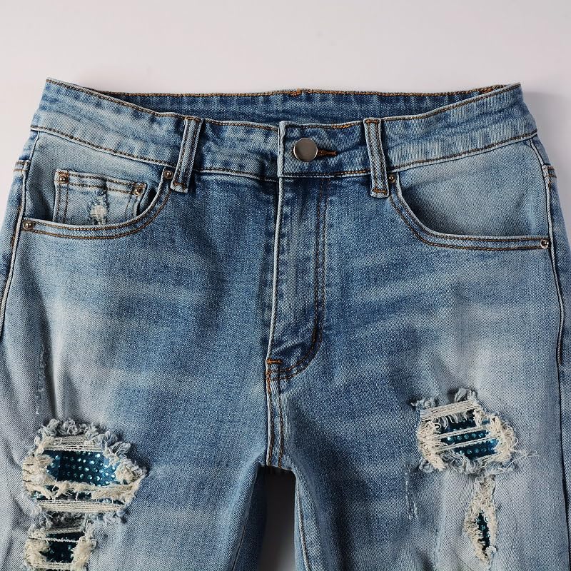 Mens Blue Crystals Knee Patchwork Jeans Skinny Stretch Slim Distressed Ripped Rhinestone Studs Pant2
