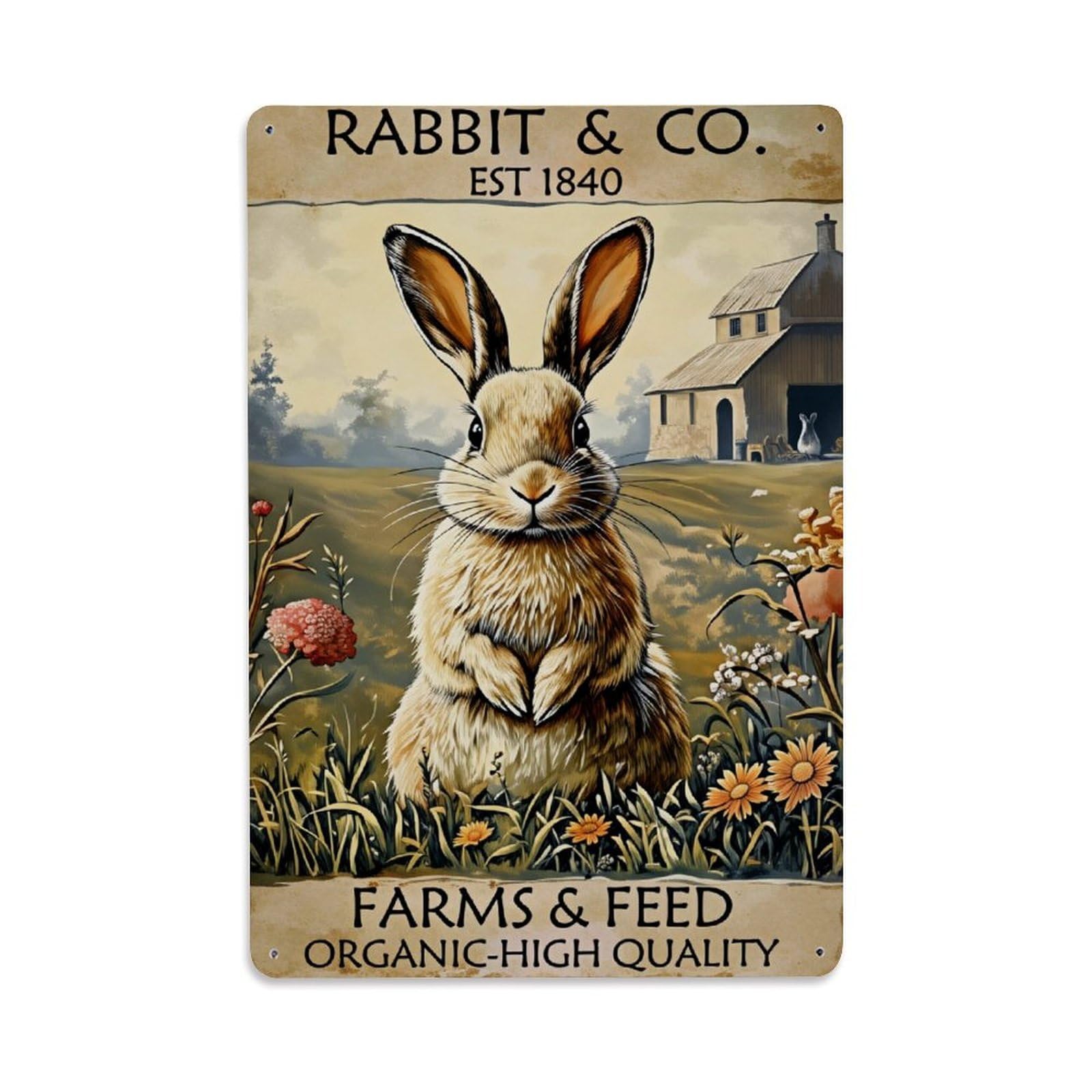 Enderetf Vintage Rabbit Farm Scene With Flowers Tin Sign Metal Poster, Home Bar Garage Man Cave Cafe Indoor & Outdoor Wall Decoration 8X12inches