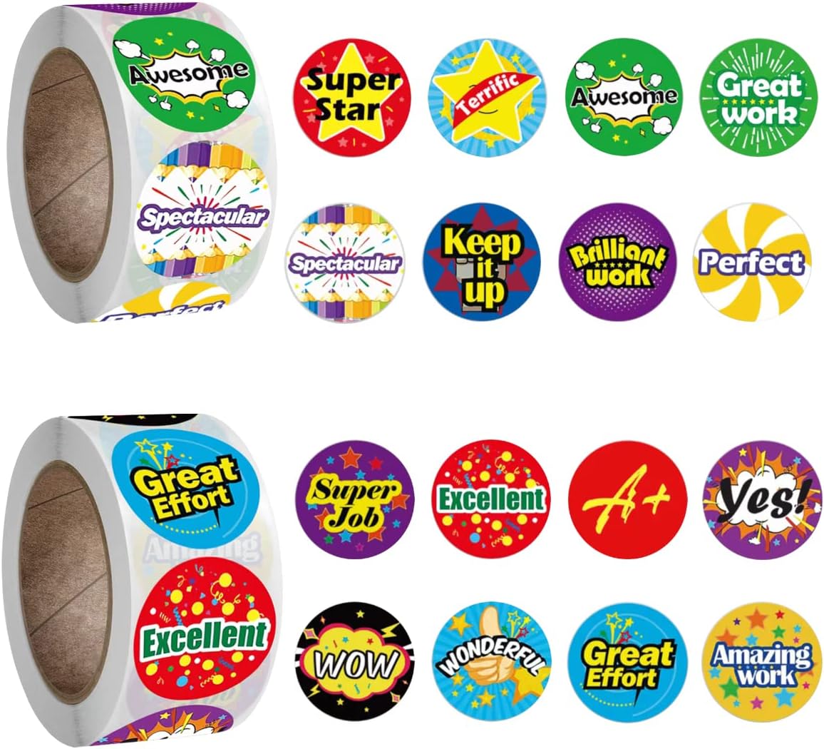 1000 Pcs Reward Stickers for Children, 2 Rolls 1.0" Reward Stickers Self-Adhesive Teacher Stickers Motivational Stickers for Children Teachers School Supplies(Word)