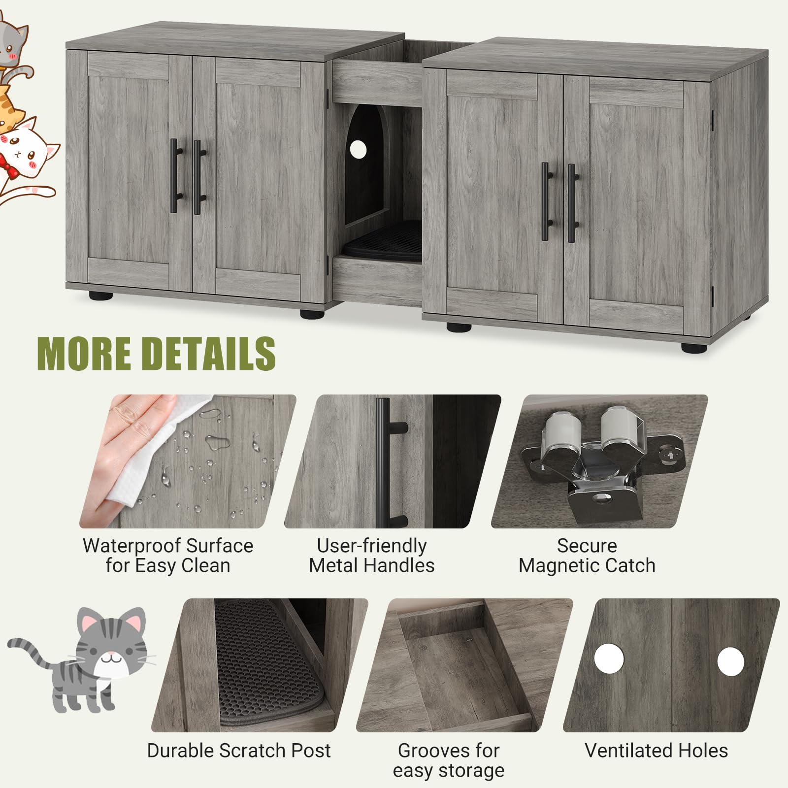 Meuble Litiere 2 Chat en Bois avec 4 Porte,Maison de Toilette Chat Caché avec Plan de Travail,Ouvert Rangement Casier,8 Aération,Armoire litière Entrée latérale pour Salon,Bain(140x55x45cm,Gris)