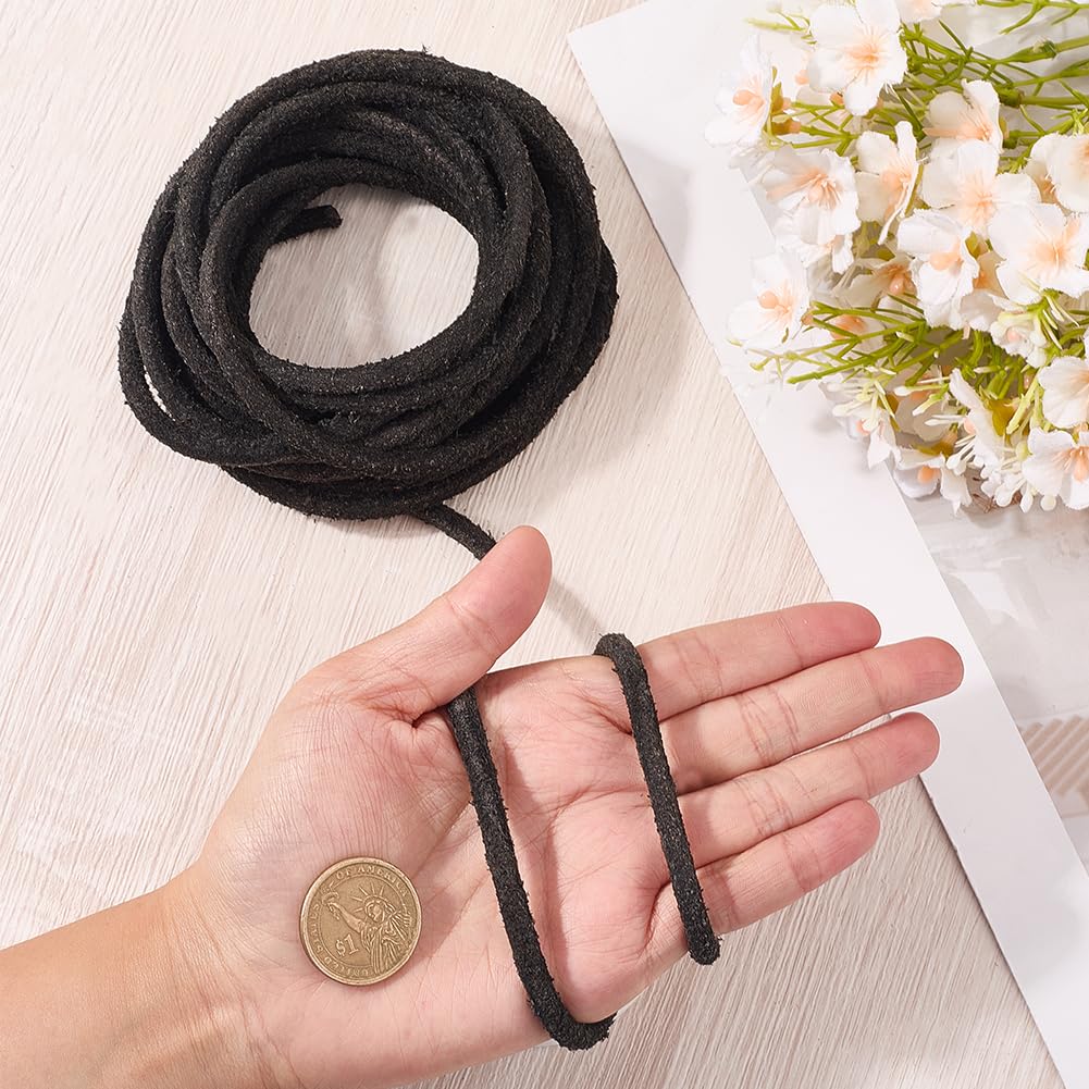 GORGECRAFT 5m x 5.5mm Round Leather String Frosted Genuine Leather Cord Black Cowhide Braiding Rope Natural Yak Hide Beading Threads for Jewelry Making Bracelet Necklace Keychains Shoelace DIY Crafts - Image 3