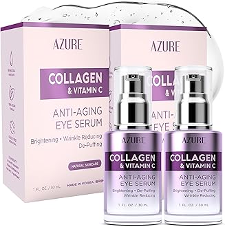 AZURE Collagen & Vitamin C Anti Aging Eye Serum - Toning, De-Puffing Serum - Reduces Wrinkles, Fine Lines & Dark Circles - Minimizes Fatigue - Skin Care Made in Korea - Pack of 2