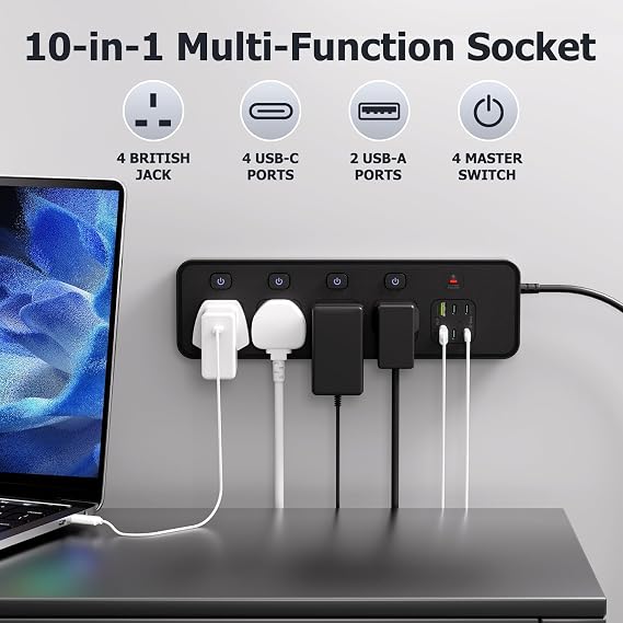 3M/9.84FT Extension Lead 4 AC Way with 2 USB+4 Type-C Slots(5V 4.2A), 13Amp UK Plug Power(3250W/13A), Bold Extension Cord with Fuse Surge Protected Power Strip for Home Office