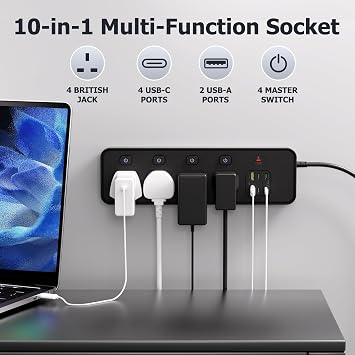 3M/9.84FT Extension Lead 4 AC Way with 2 USB+4 Type-C Slots(5V 4.2A), 13Amp UK Plug Power(3250W/13A), Bold Extension Cord with Fuse Surge Protected Power Strip for Home Office