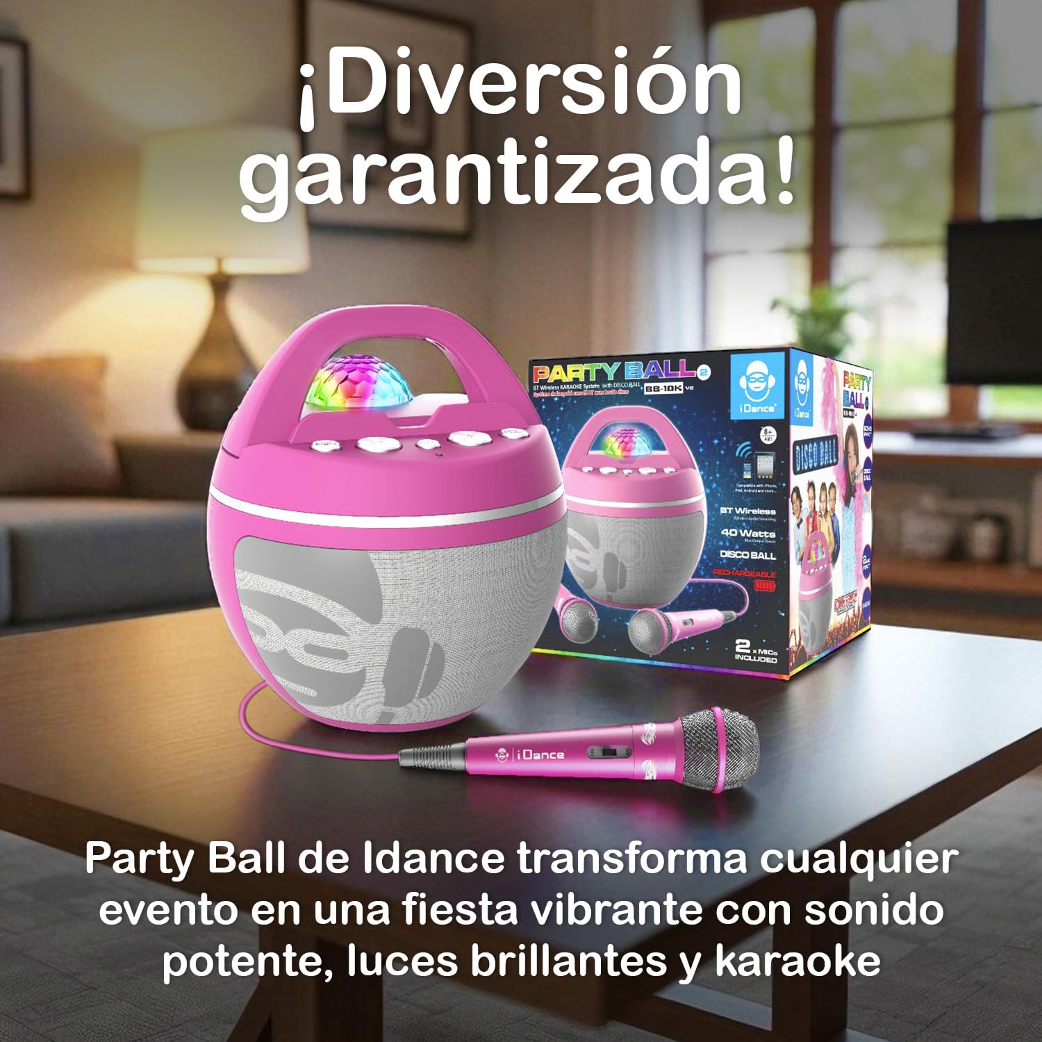 Cefa Toys - iDance Speaker Karaoke Party Ball - Color Rosa - Altavoz Karaoke Bluetooth con 2 Micrófonos Inalámbricos y Luces de Discoteca - 40W Portátil con Batería Recargable - Soporte para Móvil y T