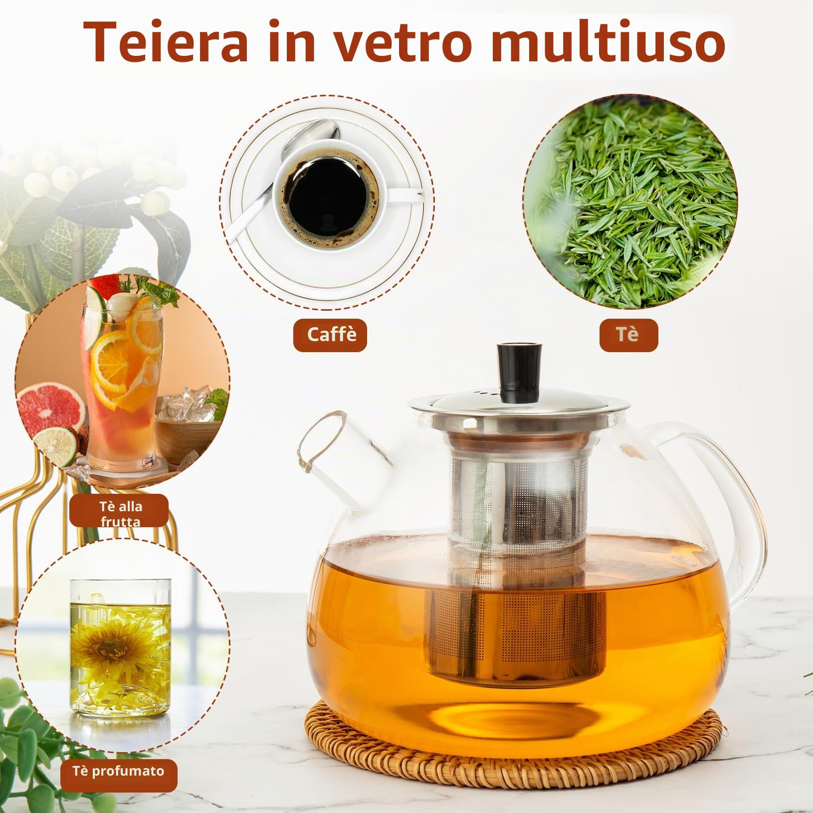 1,5 Litri Teiera con Infusore, Teiera in Vetro, Teiera Da Con Filtro Infusore in Acciaio Inossidabile Resistente Al Calore, Perfetto Per Tè E Caffè