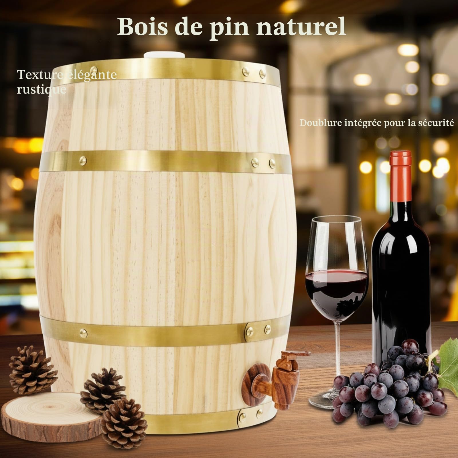 Fût en bois de 10 litres, tonneau à vin avec robinet, récipient à vin, capacité de charge 30 kg pour le stockage de whisky, tequila, vin, bière, etc. - LxH 26 x 33 cm