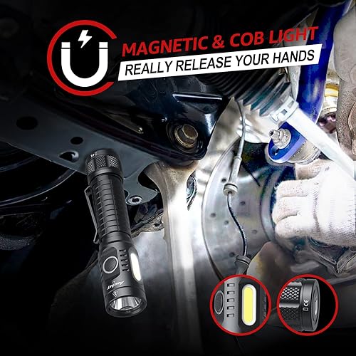Miniatura 4 de Linterna, Linterna LED magnética recargable de alta potencia de 1300 lúmenes,Luz táctica LED de luz de trabajo COB, 9 modos, IP67 engranaje al aire