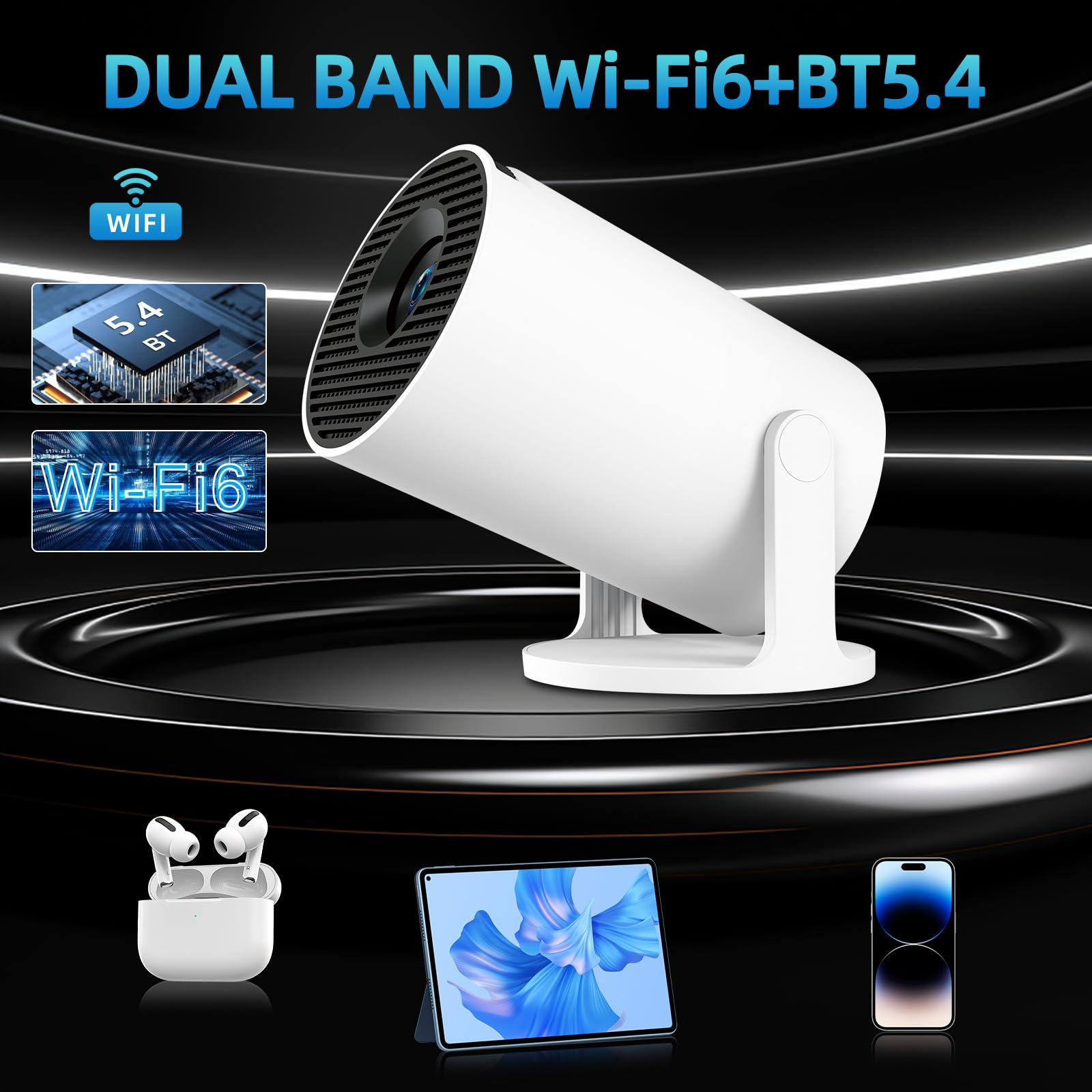 Mini Projecteur 4K Videoprojecteur Portable Projecteur Video WiFi 6 BT 5.4 Android 11 Retroprojecteur 1080P Full HD Supporté pour TÉLÉPhone PC Lap HDMI Home Cinéma 180° Rotation (HY300Pro+)