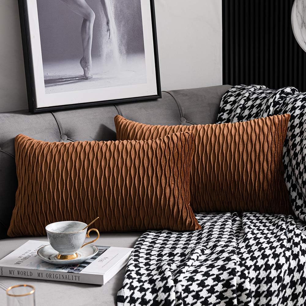 DEZENE Light Brown Throw Pillow Cases: 2 Pack 12x20 Inch Original Stripe Velvet Rectangular Decorative Pillow Covers for Farmhouse Couch