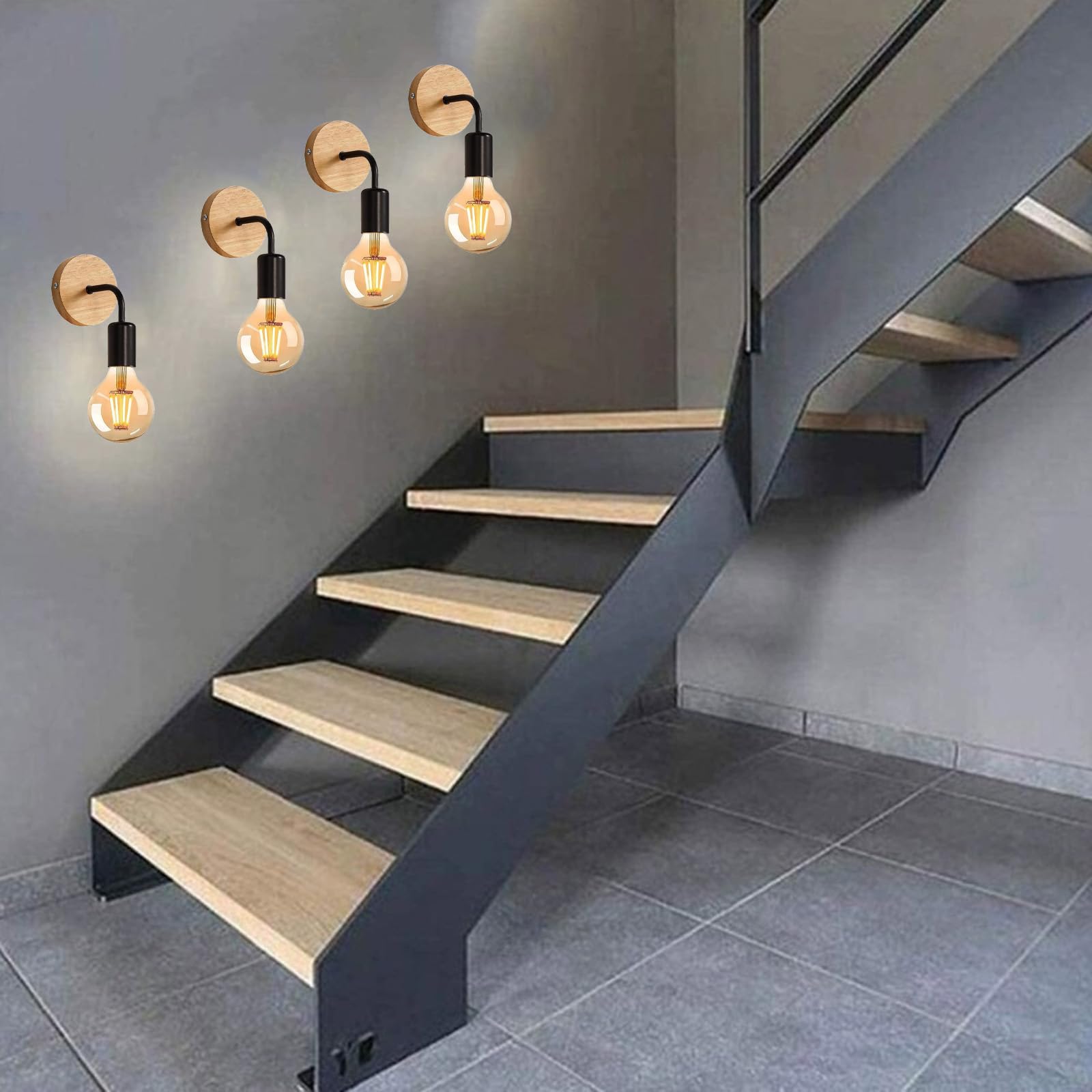 Lámpara de pared E27 con base de madera maciza decorativa pack de 4 8
