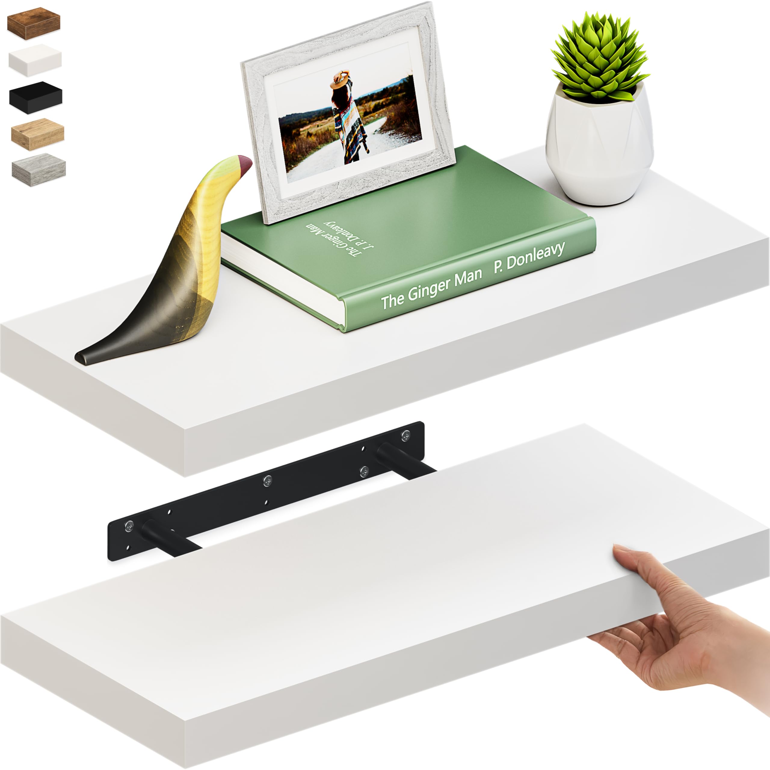(Incomplete, only 1) Ballucci Floating Shelves for Wall, 24\" Wood Wall Shelf Set of 2, with Invisible Brackets for Bathroom, Living Room, Bedroom, Kitchen, Nursery, 8\" Deep, White