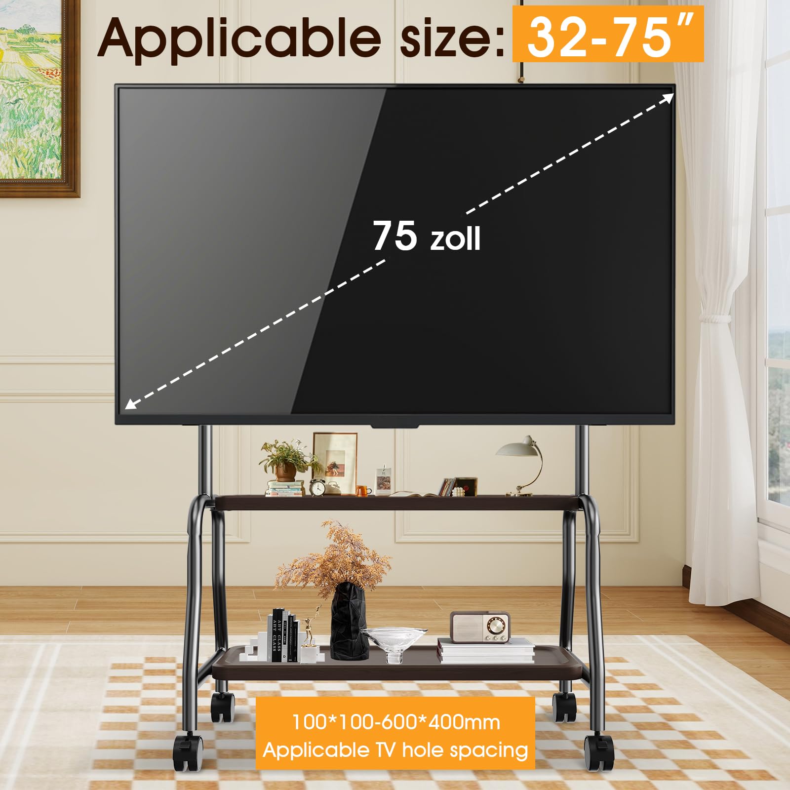 Soporte de TV enrollable para televisores de 32 a 75 pulgadas de hasta 50 kg, soporte de TV con ruedas con estante de madera, soporte de suelo para TV de altura ajustable, máx. VESA 600 x