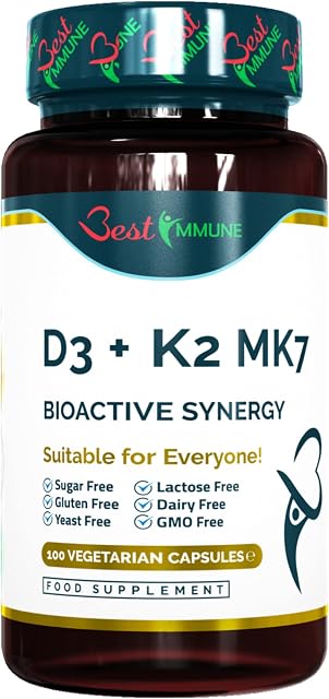 Vitamin D3 2000IU + K2 MK7 100mcg Natural Premium Quality 100 Capsules - Immune Support Maximum Absorption