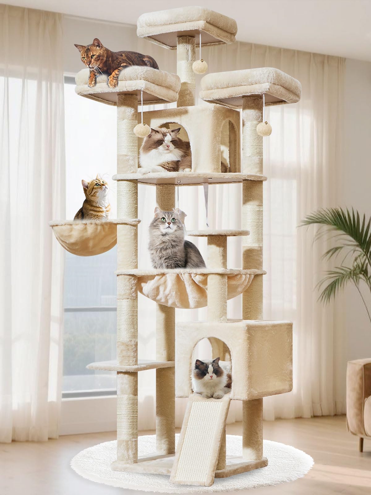 Taoqimiao Árbol Rascador 193 cm para Gatos Grandes, Árbol Rascador con Panel Rascador, Hamaca Metálica Extra Grande, 3 Plataformas, 7 Postes Sisal, 2 Cabañas Grandes y Cesta Colgante, MS047M Beige