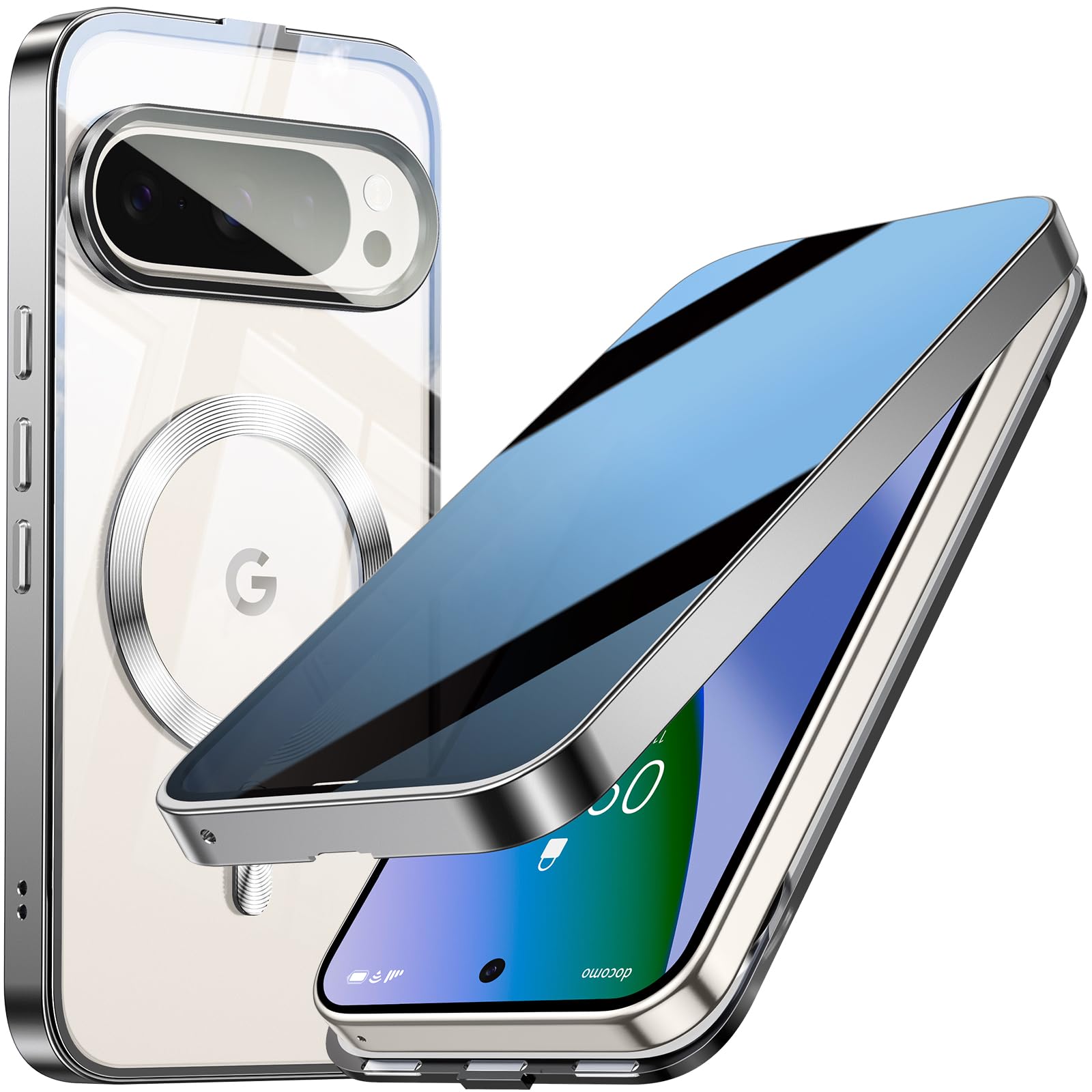 【自動ロック・覗き見防止】 Google Pixel 10 用 ケース 両面 Magsafe対応 画面・カメラ保護 高感度タッチ 透明-シルバー